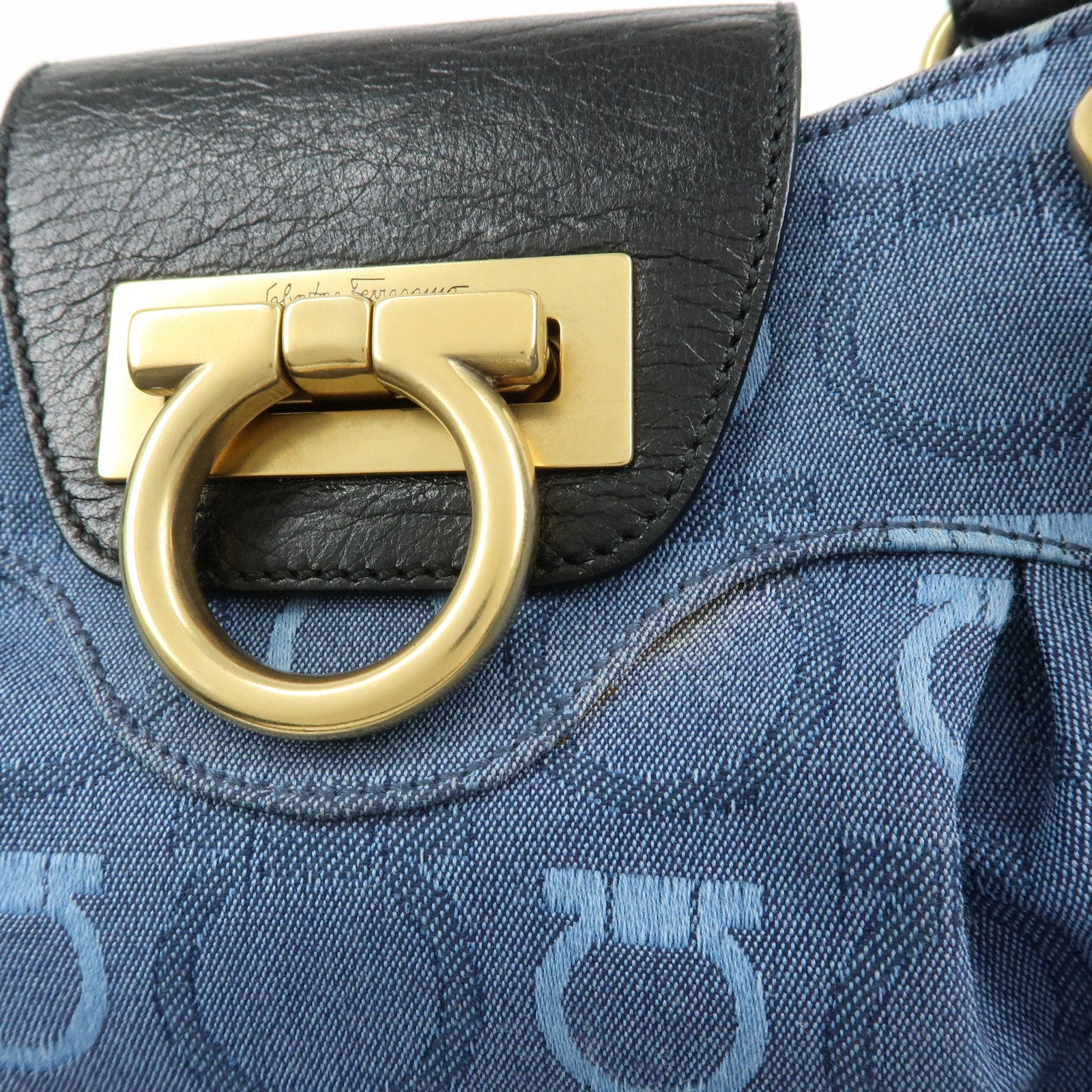 Ferragamo Gancini Canvas Leather Hand Bag Shoulder Bag Blue Black