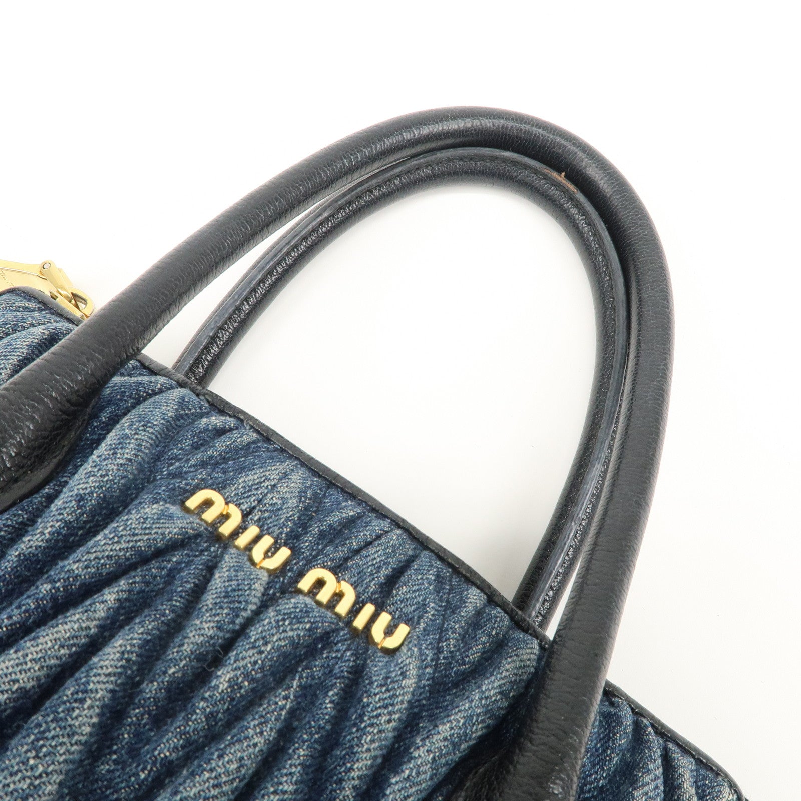 MIUMIU Matelasse Leather Denim 2Way Bag Black Indigo Blue 5BA003 Used