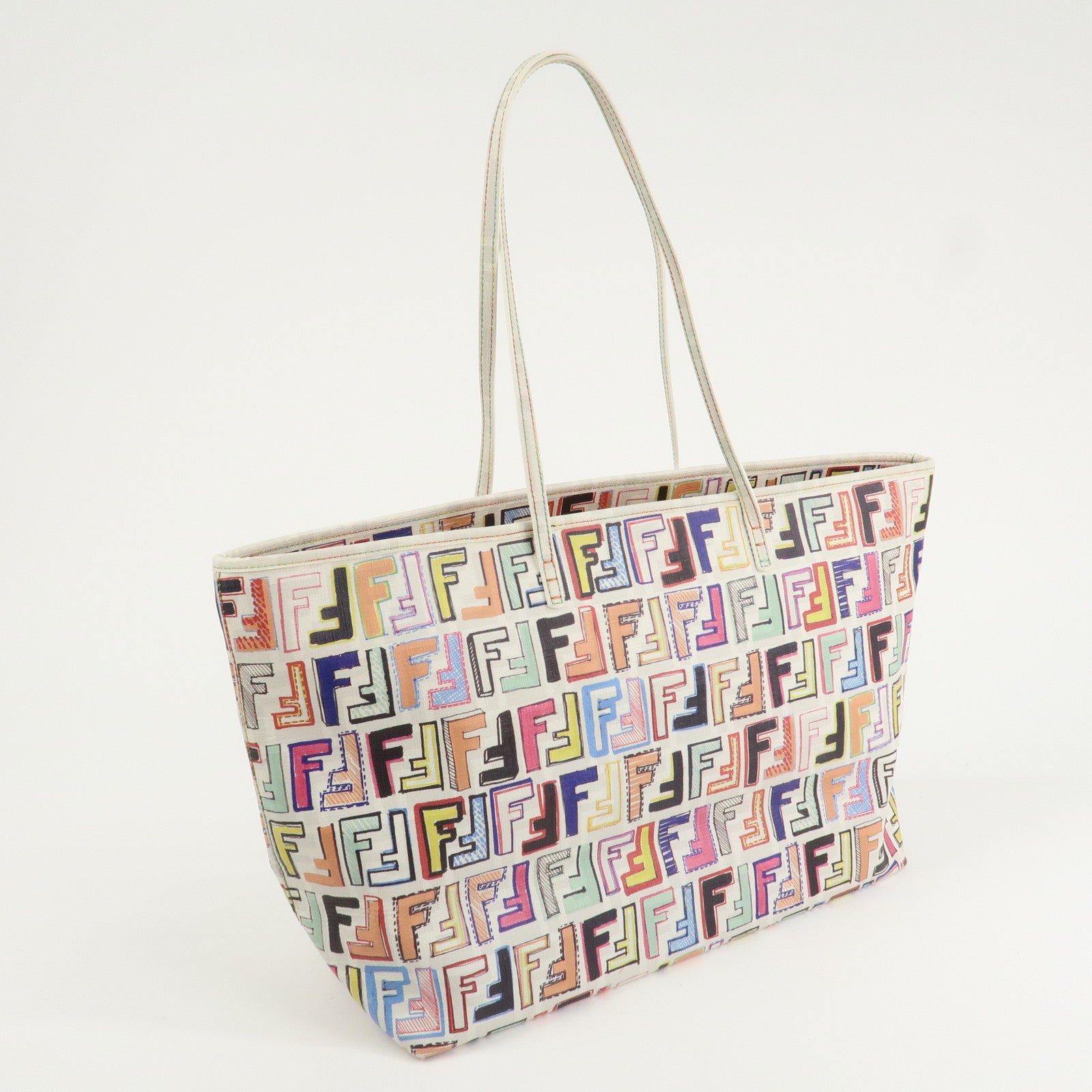 FENDI Zucca Logo Print PVC Tote Bag Multicolor White 8BH185 Used