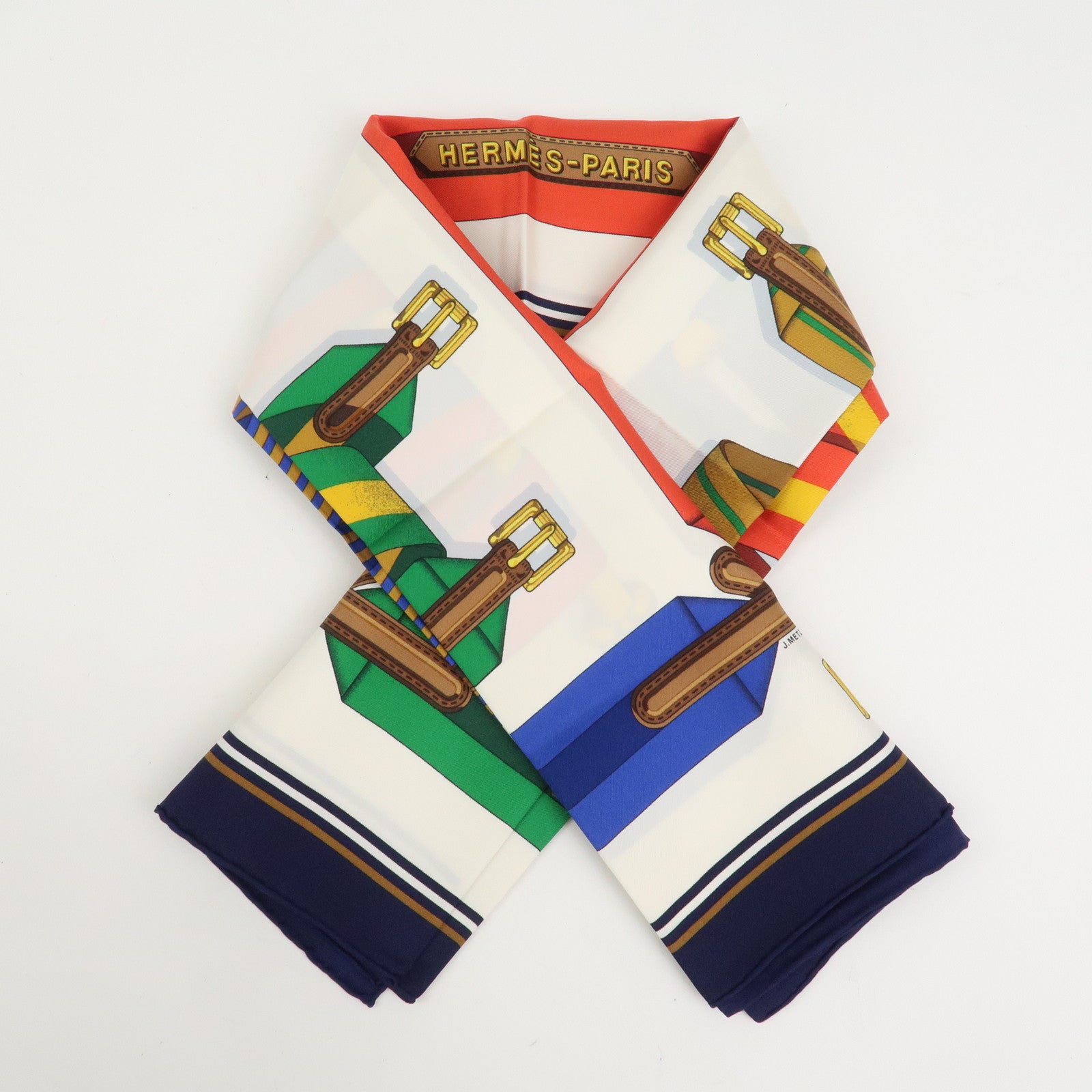 HERMES Carre 90 Silk 100% Scarf J.METZ Les Sangles White Navy