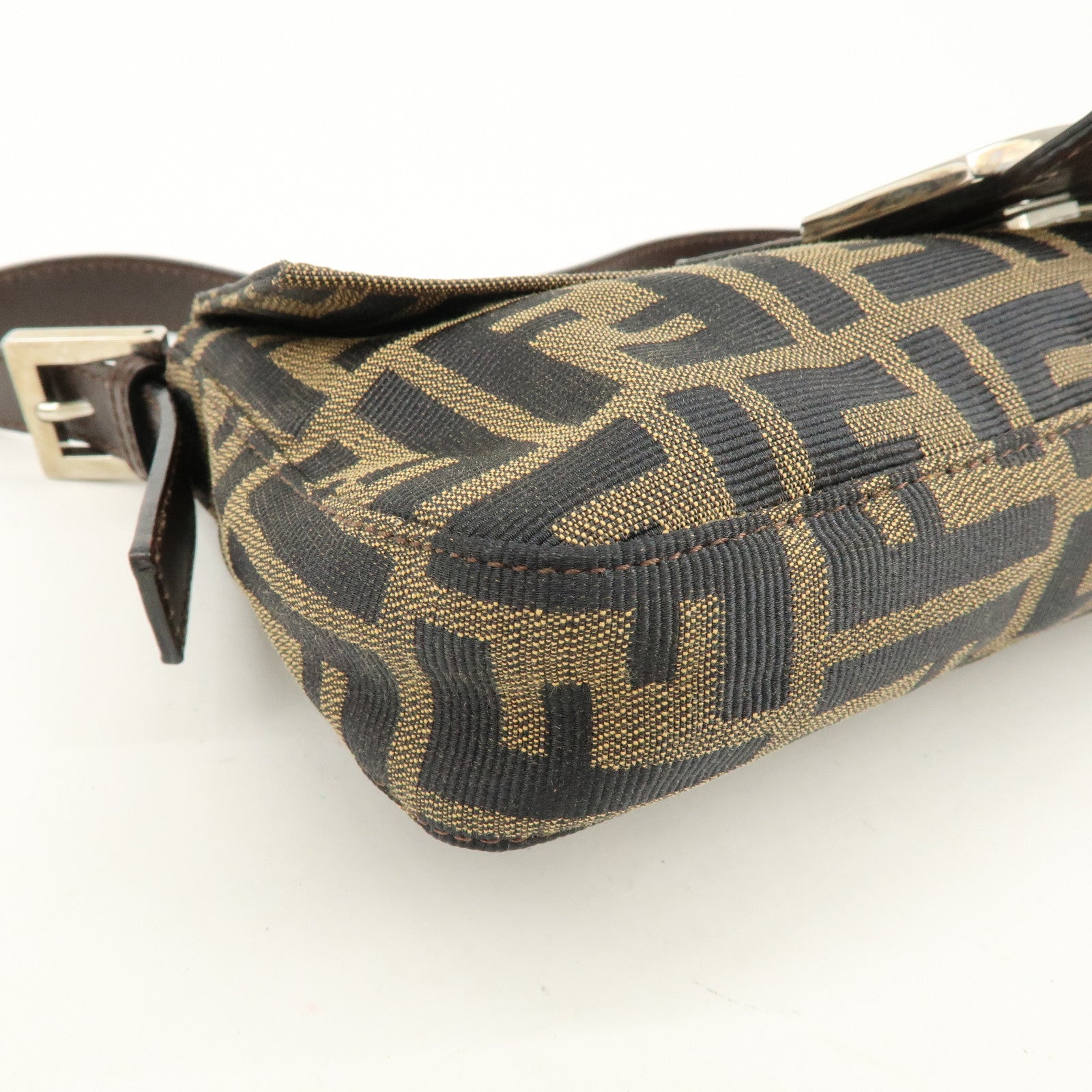 FENDI Mamma Baguette Zucca Canvas Leather Shoulder Bag Brown 8BR000