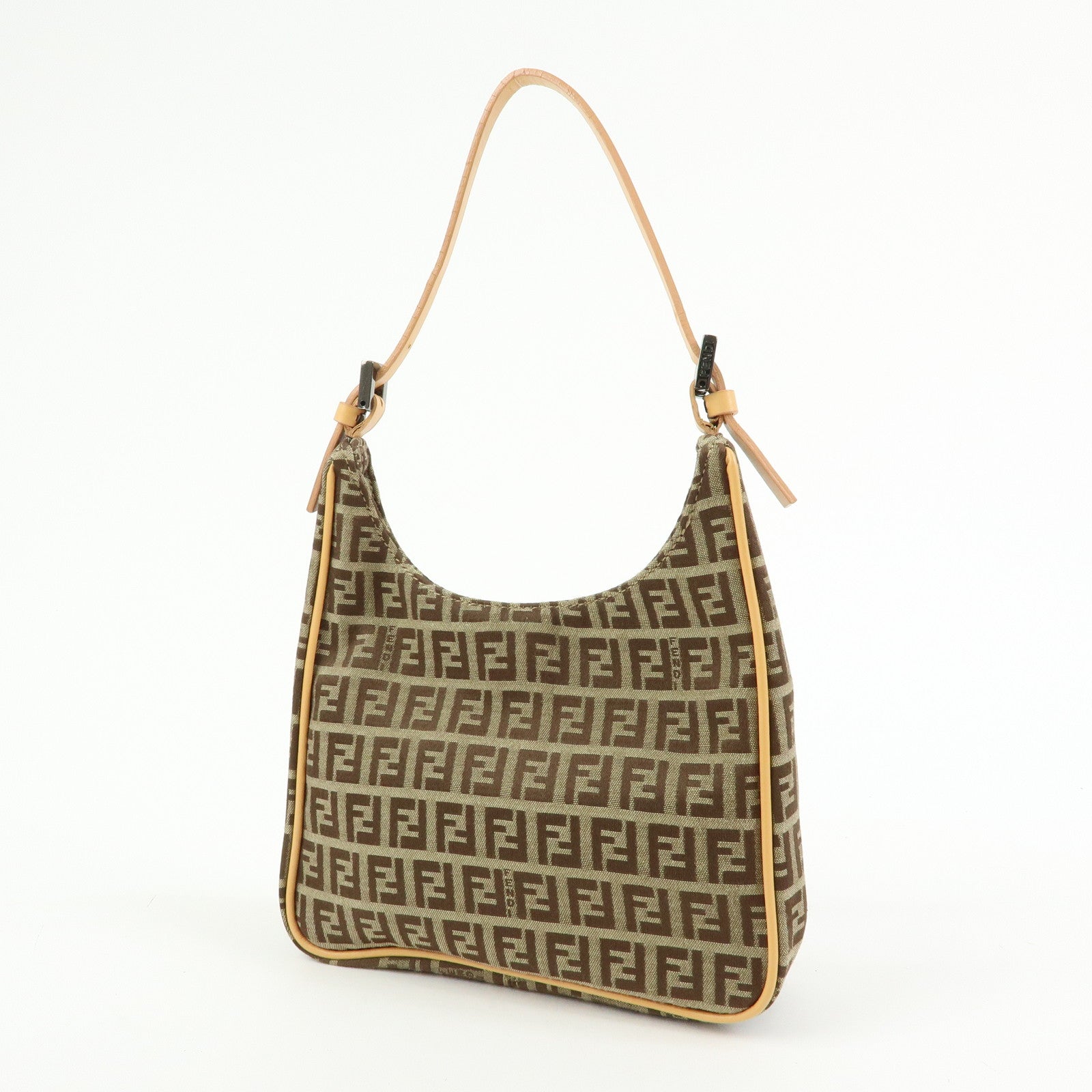 FENDI Zucchino Canvas Leather Hand Bag Khaki Beige 8BR157
