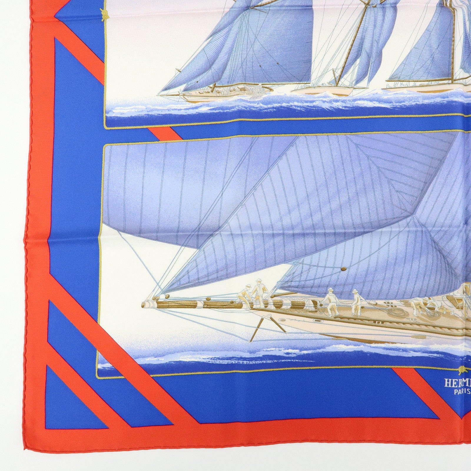 HERMES Carre 90 Silk 100% Scarf RAFALES Ship Print Blue Red