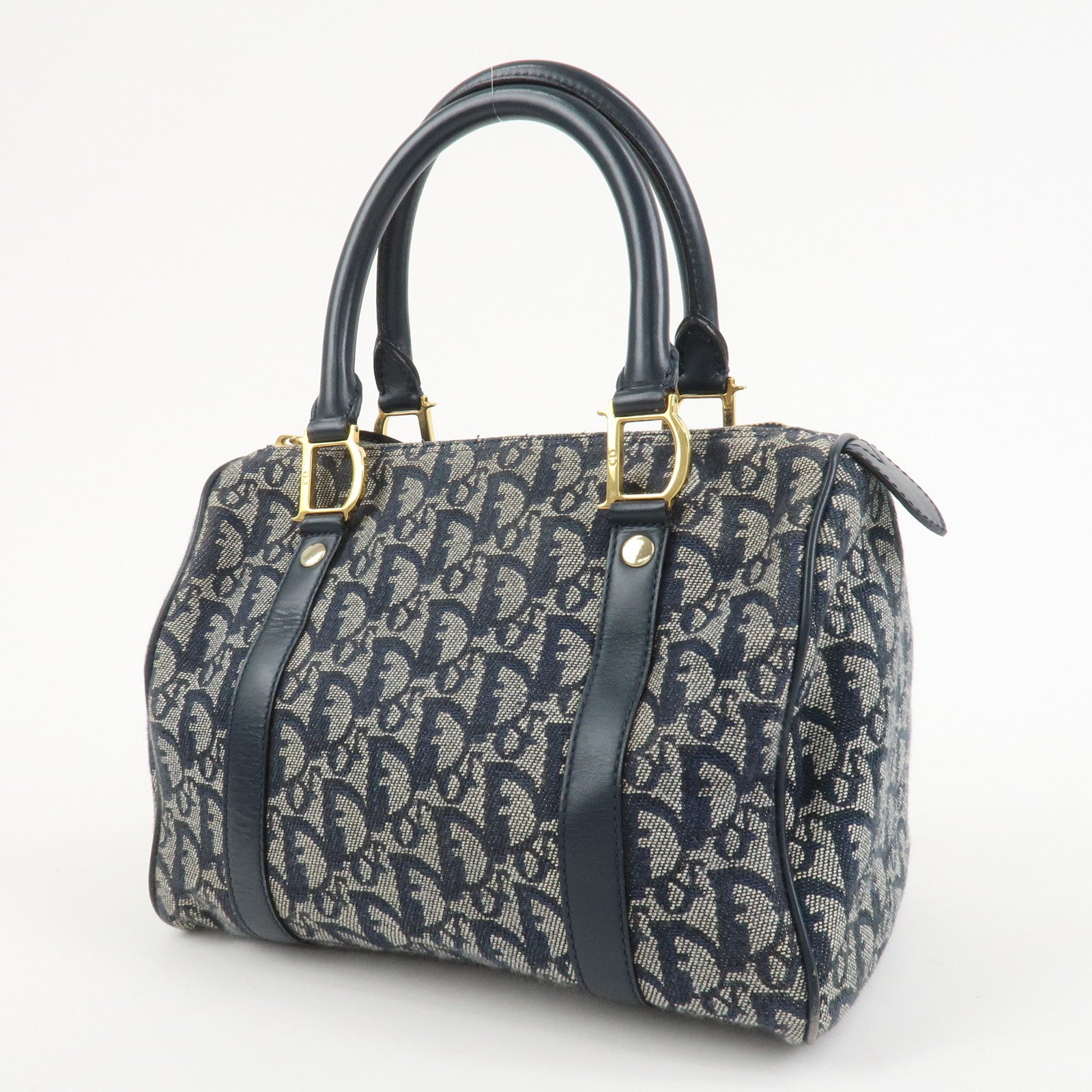 Christian Dior Trotter Jacquard Canvas Leather Boston Bag Navy