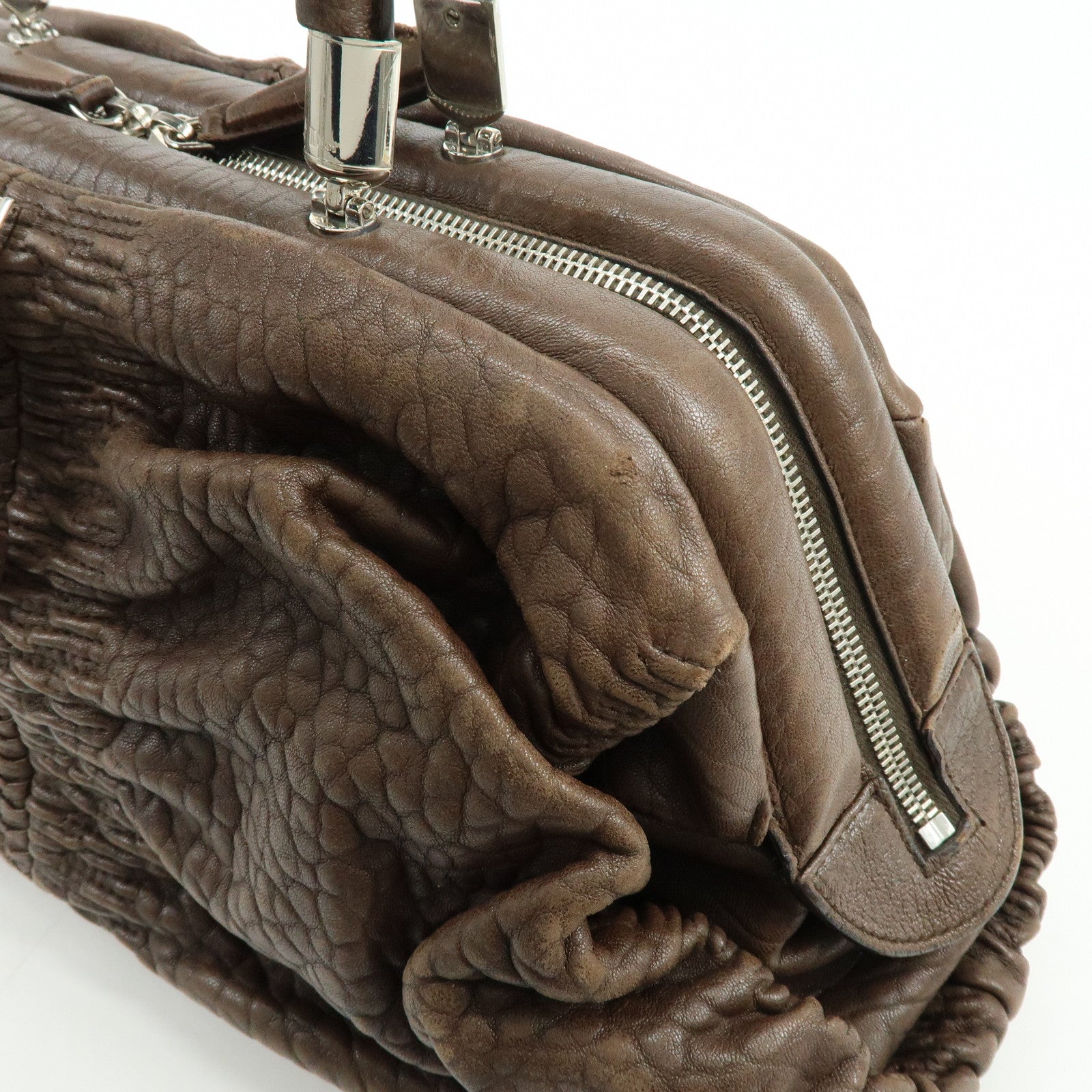 Christian Dior Embossed Gathered Leather Boston Bag Hand Bag Brown