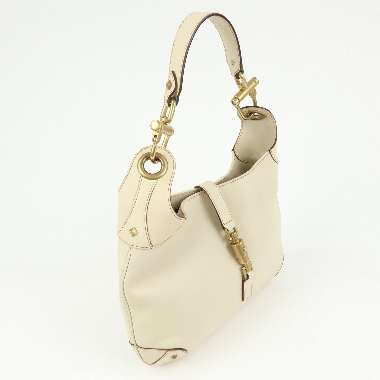 GUCCI Jackie Leather Shoulder Bag Hand Bag Studs Ivory 120888