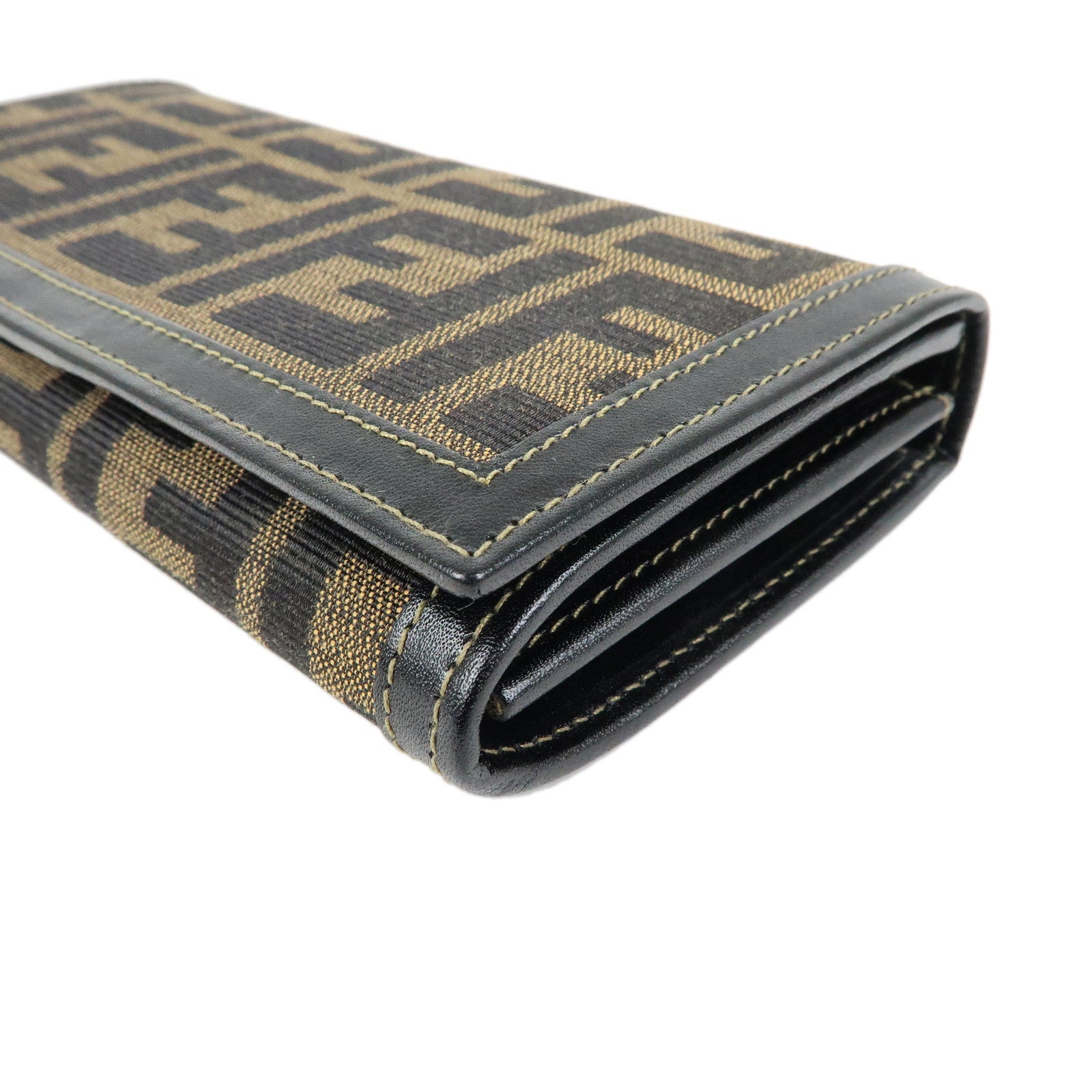 FENDI Zucca Canvas Leather Long Flap Wallet Brown Black 30851