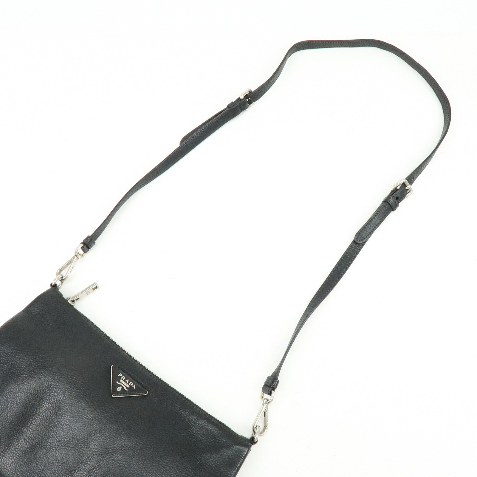 PRADA Triangle Logo Vitello Daino Leather Shoulder Bag Black 1BH997