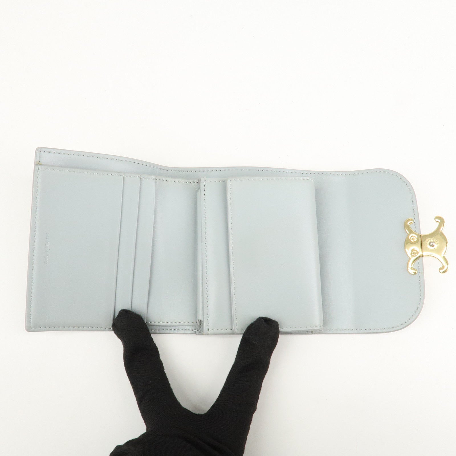 CELINE Triomphe Leather Tri-fold Falap Wallet Light Blue
