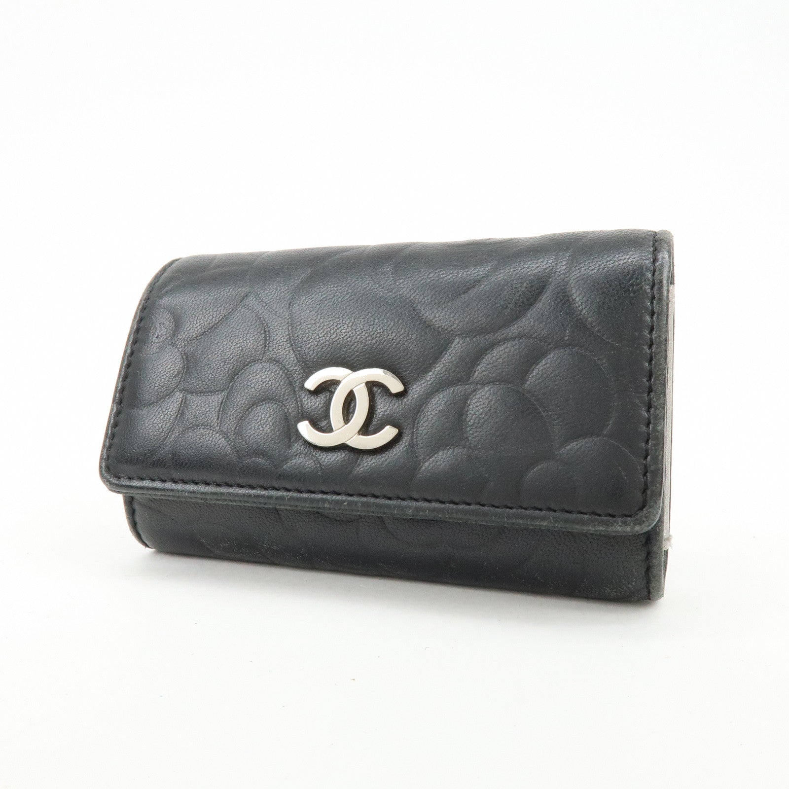 CHANEL Camelia Lamb Skin Leather Key Case Key Holder Black