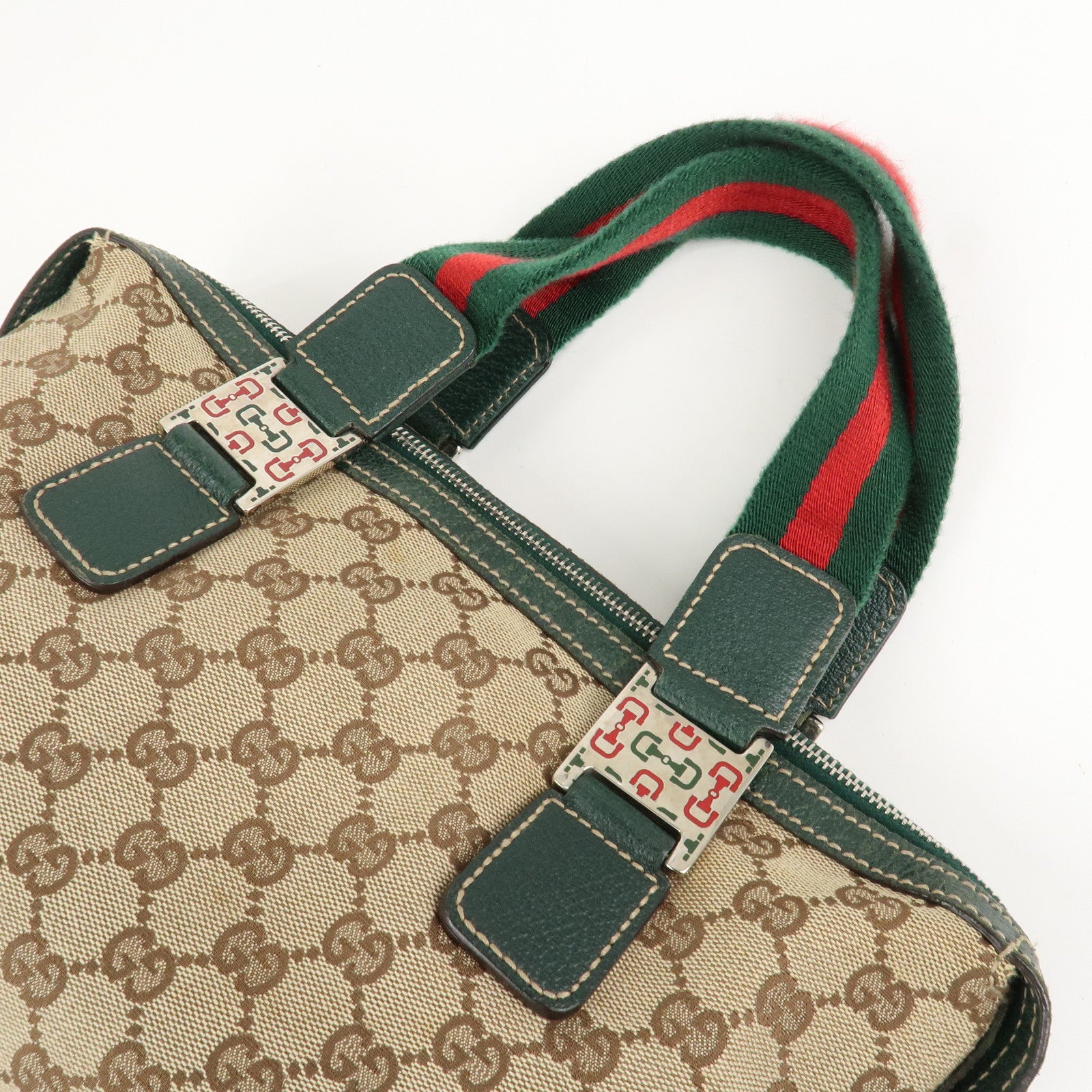 GUCCI Sherry GG Canvas Leather Hand Bag Beige Green 145759