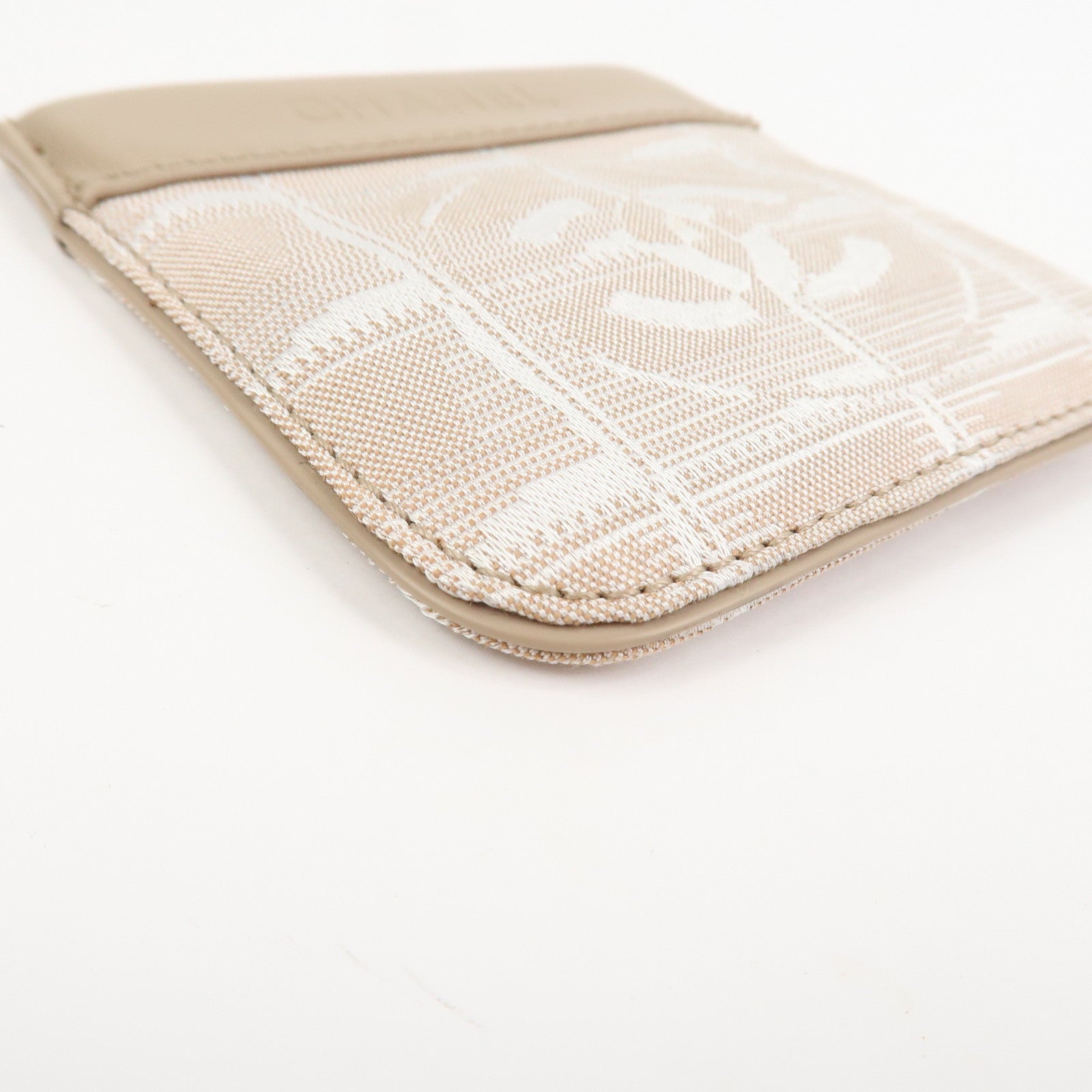 CHANEL New Travel Line Nylon Jacquard Leather Coin Case Greige