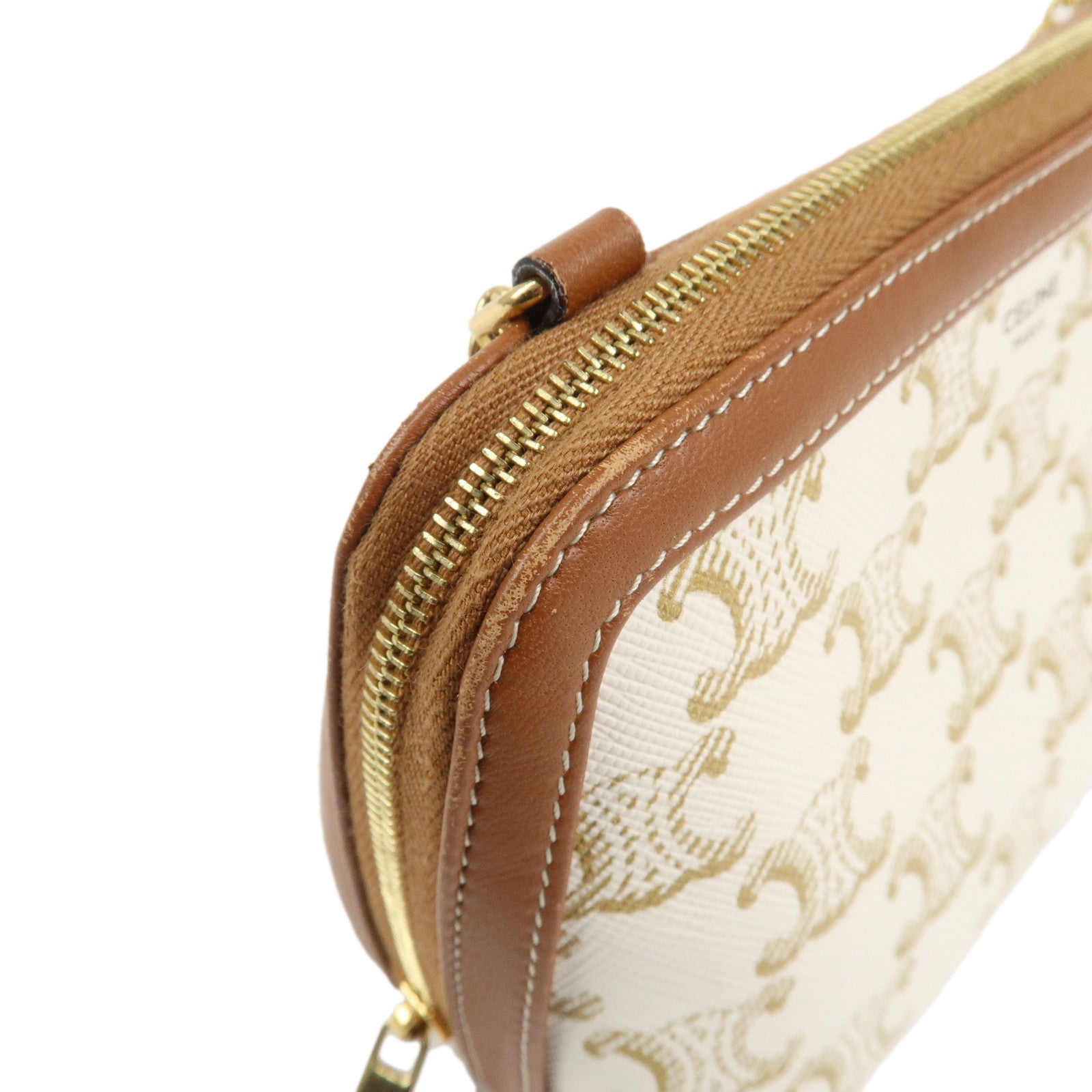 CELINE Triomphe Canvas Lamb Skin Chain Shoulder Bag Ivory Brown