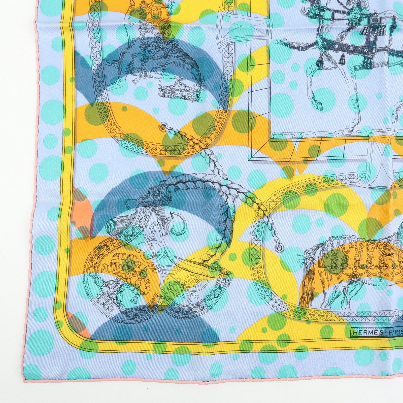 HERMES Carre 70 Silk 100% Scarf Tres Grand Apparat Blue Yellow
