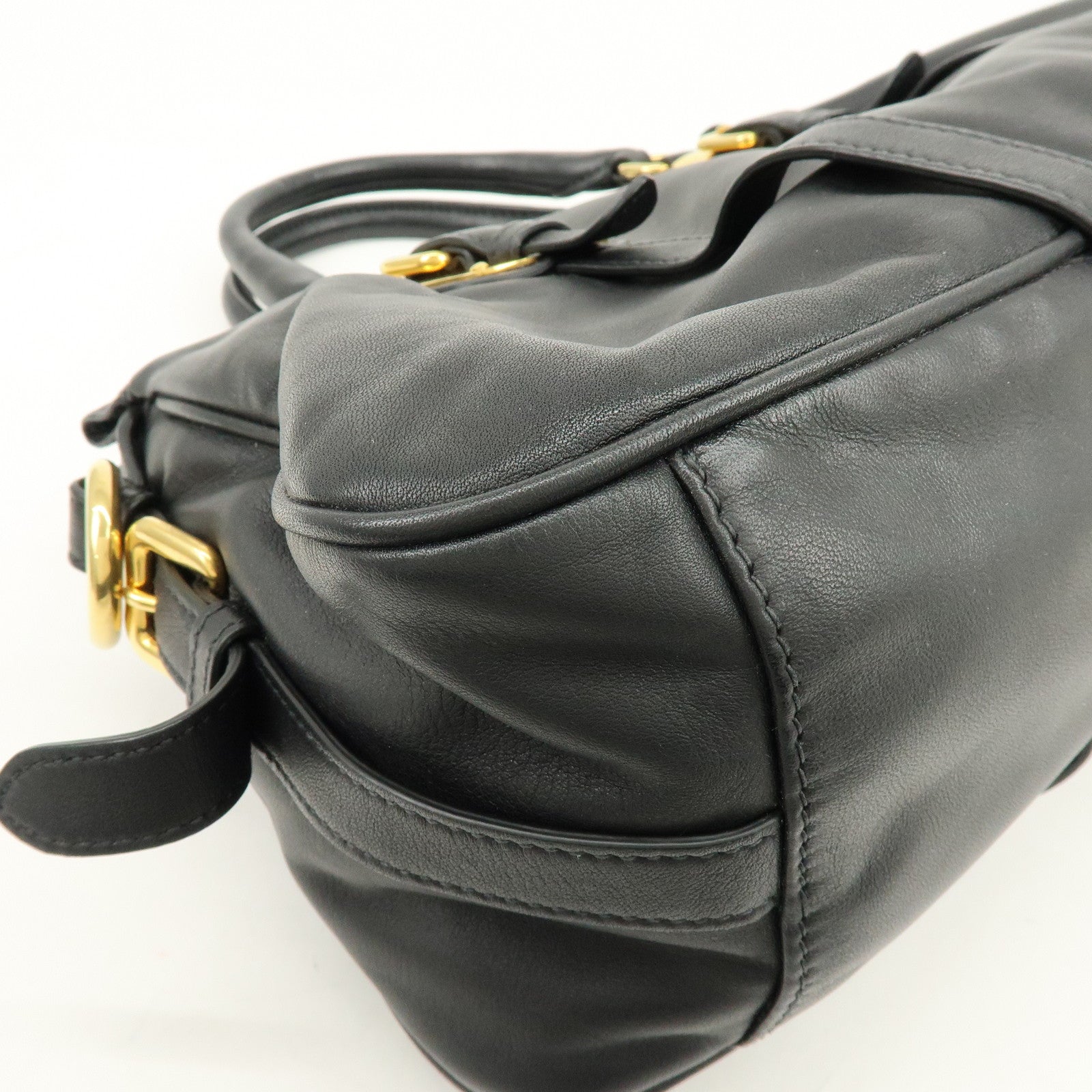 PRADA Logo Leather 2Way Bag Hand Bag Shoulder Bag Black Gold BN1903
