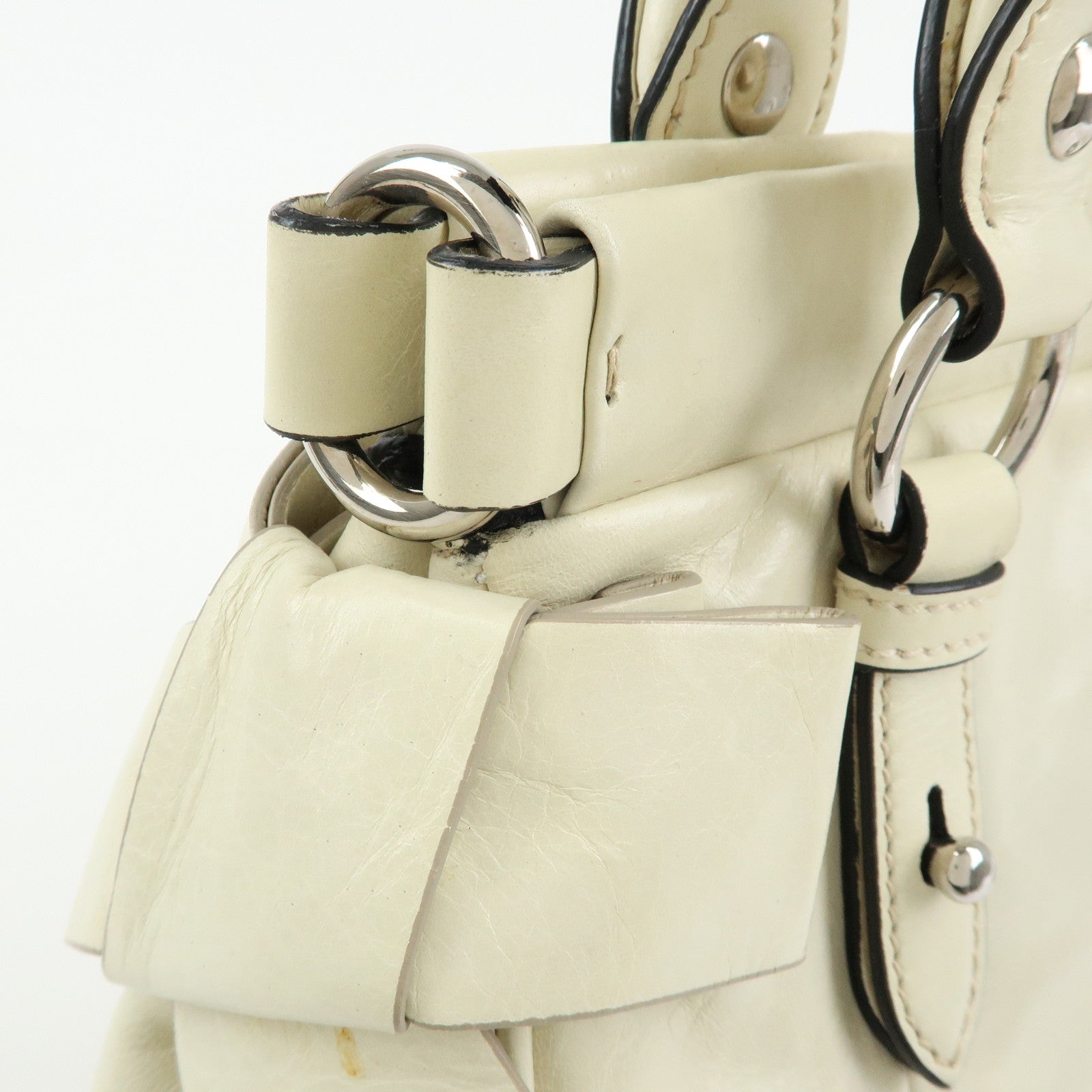 MIU MIU Logo Side Ribbon Leather 2Way Hand Bag Shoulder Bag Ivory