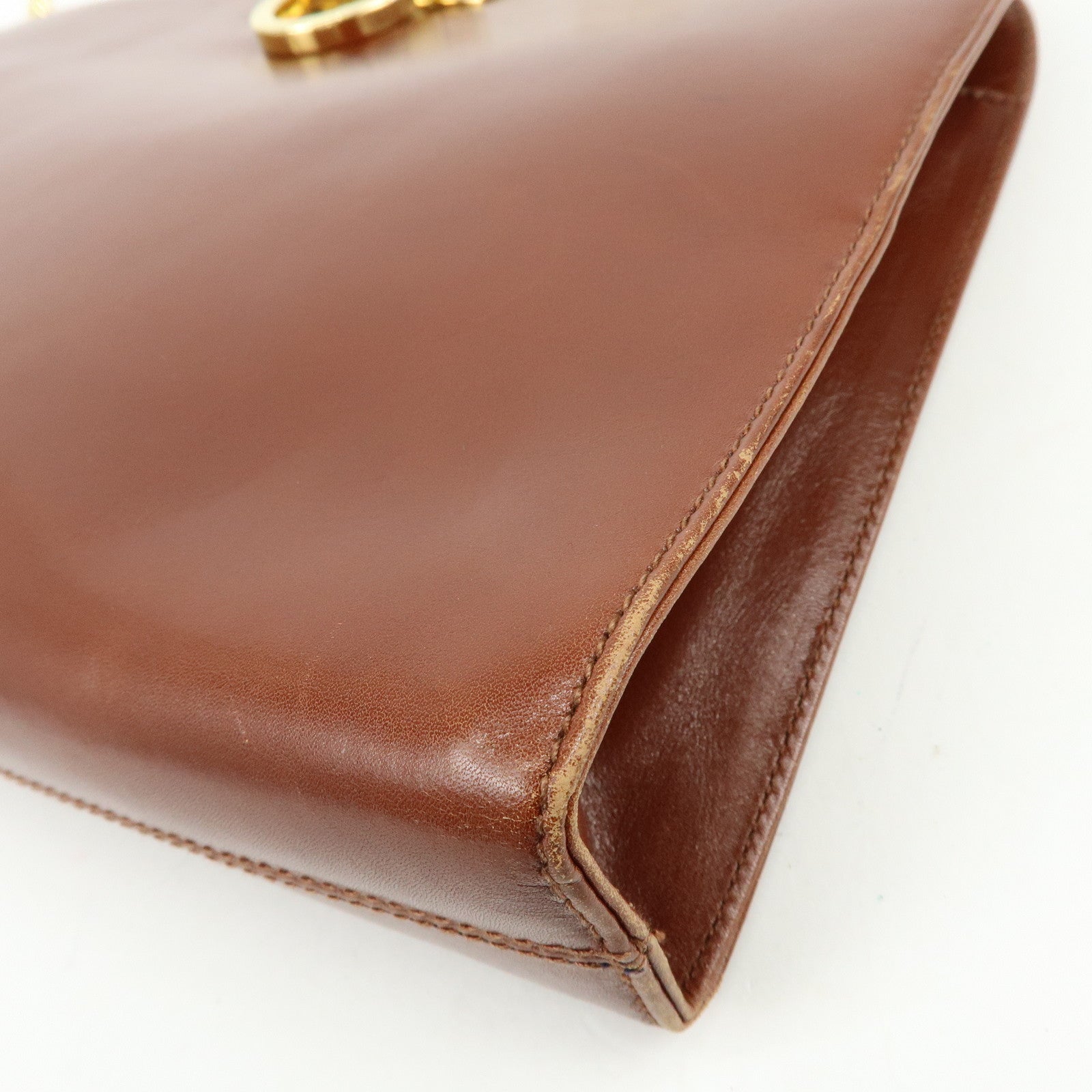 Ferragamo Gancini Calf Skin Leather Chain Shoulder Bag Brown