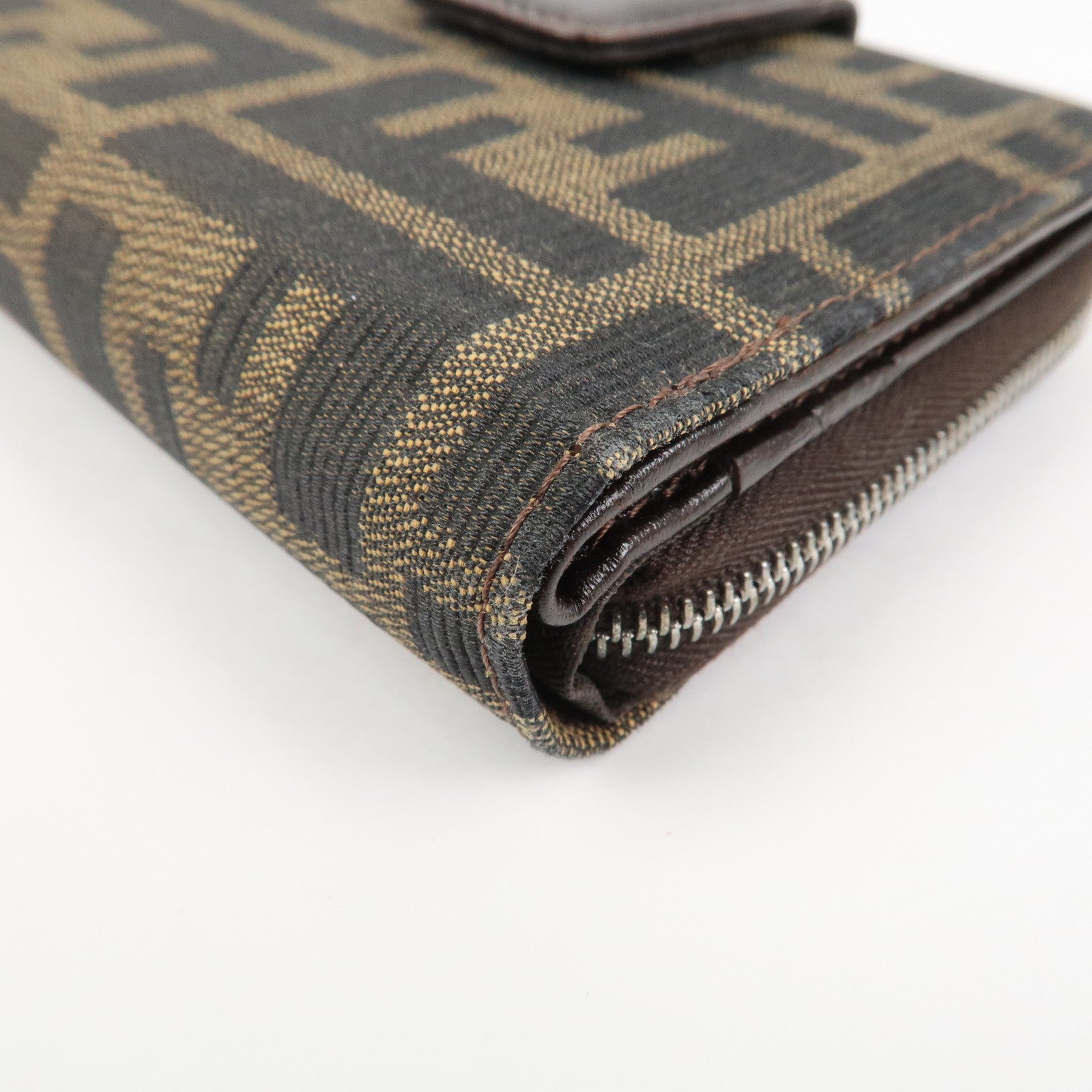 FENDI Zucca Canvas Leather Bi-fold Compact Wallet Brown Black 16348