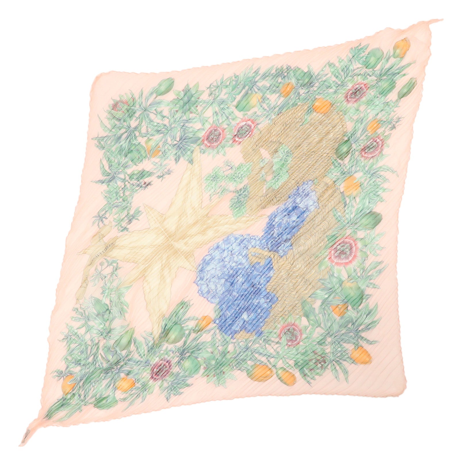 HERMES Pleated Carre Silk 100% Scarf PASSIFLORES Pink Multicolor