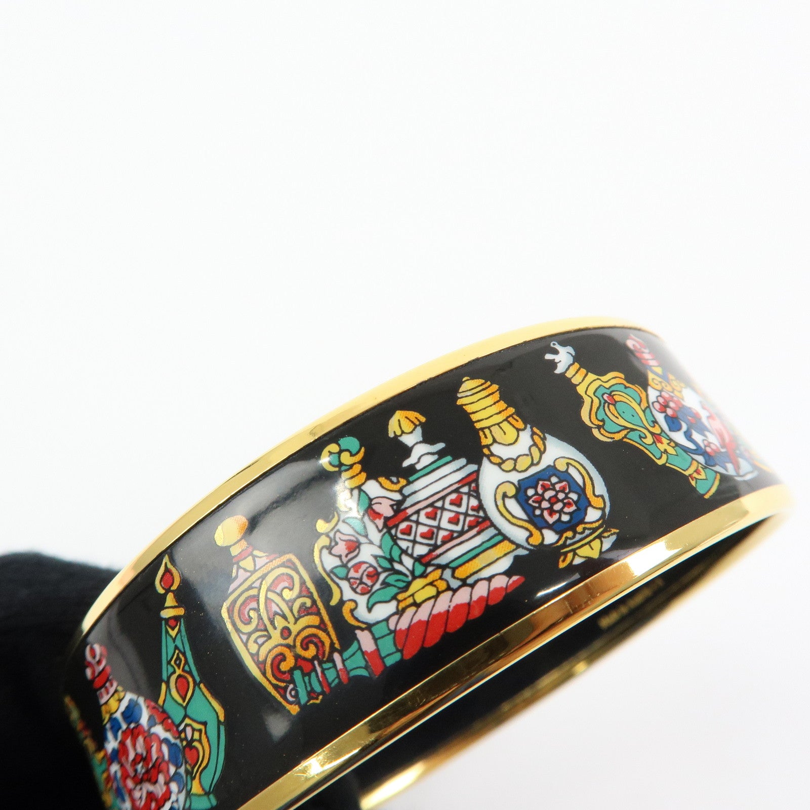 HERMES Email GM Gold Plated Bangle Bracelet Black Gold