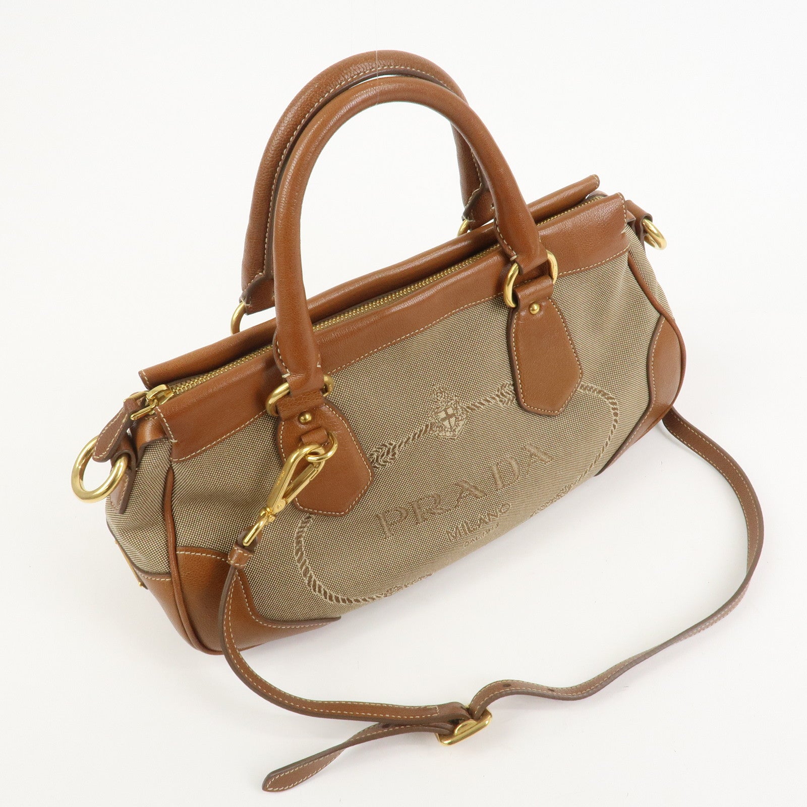 PRADA Logo Jacquard Leather 2Way Bag Hand Bag Brown BN1839