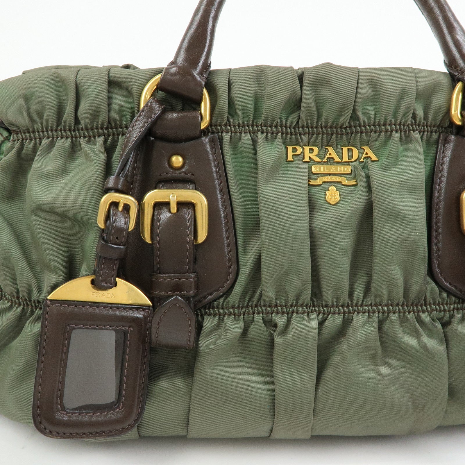 PRADA Nylon Leather Gathered 2Way Bag Hand Bag Khaki BN1407