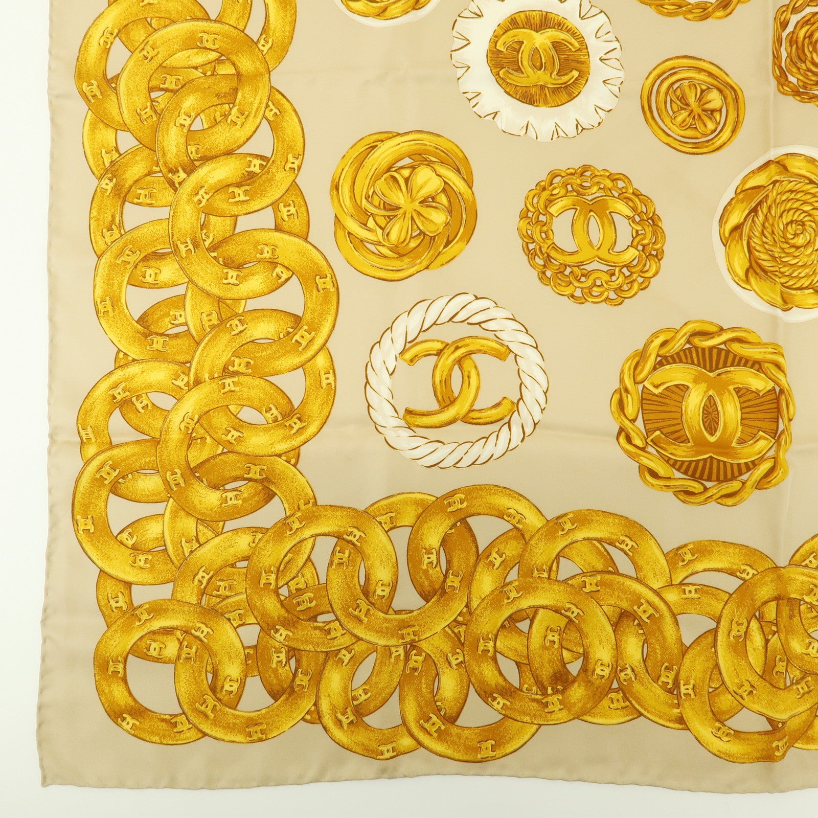 CHANEL COCO Mark Silk 100% Scarf Chain Pattern Yellow Beige