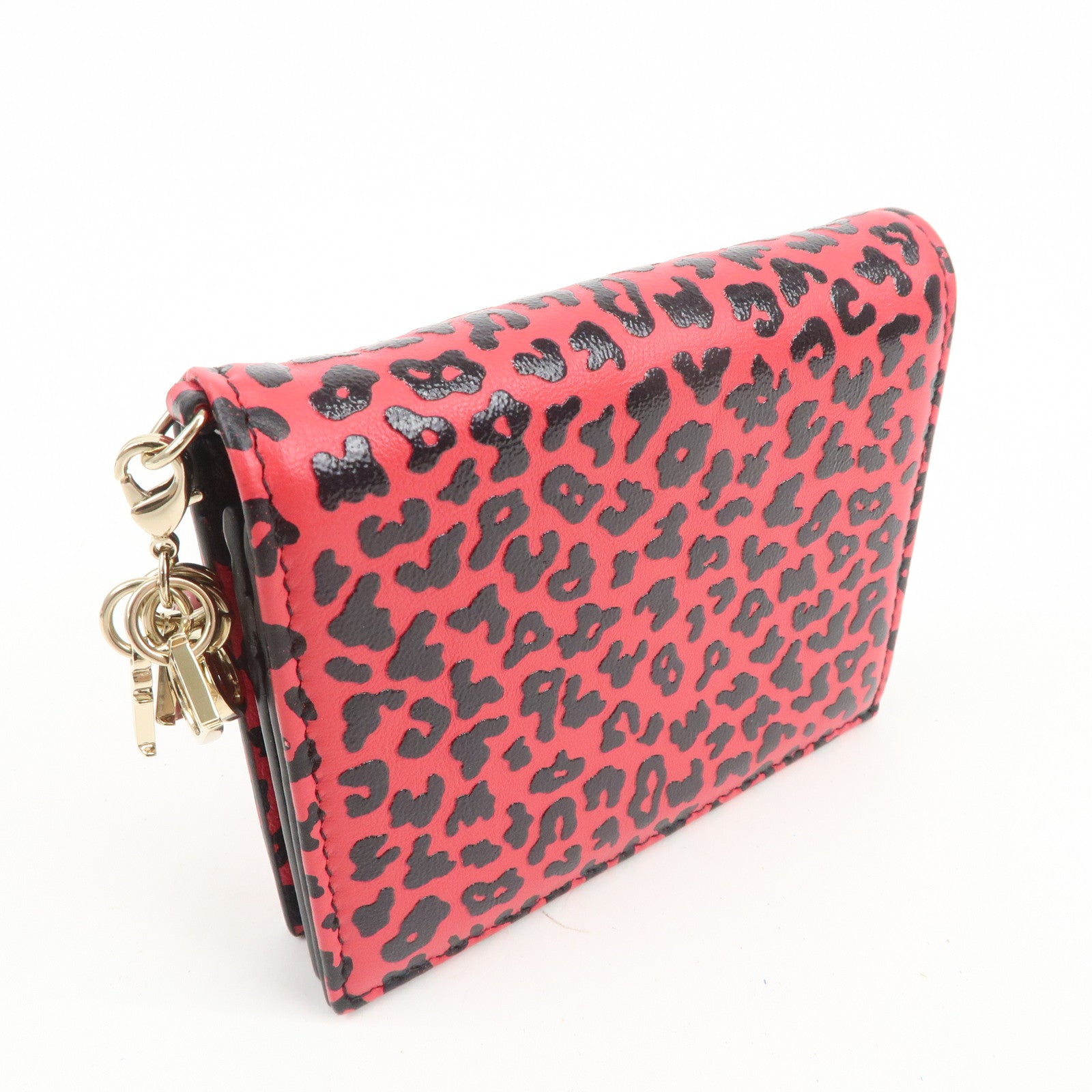 Christian Dior Leopard Embossed Leather Bi-fold Compact Wallet Pink
