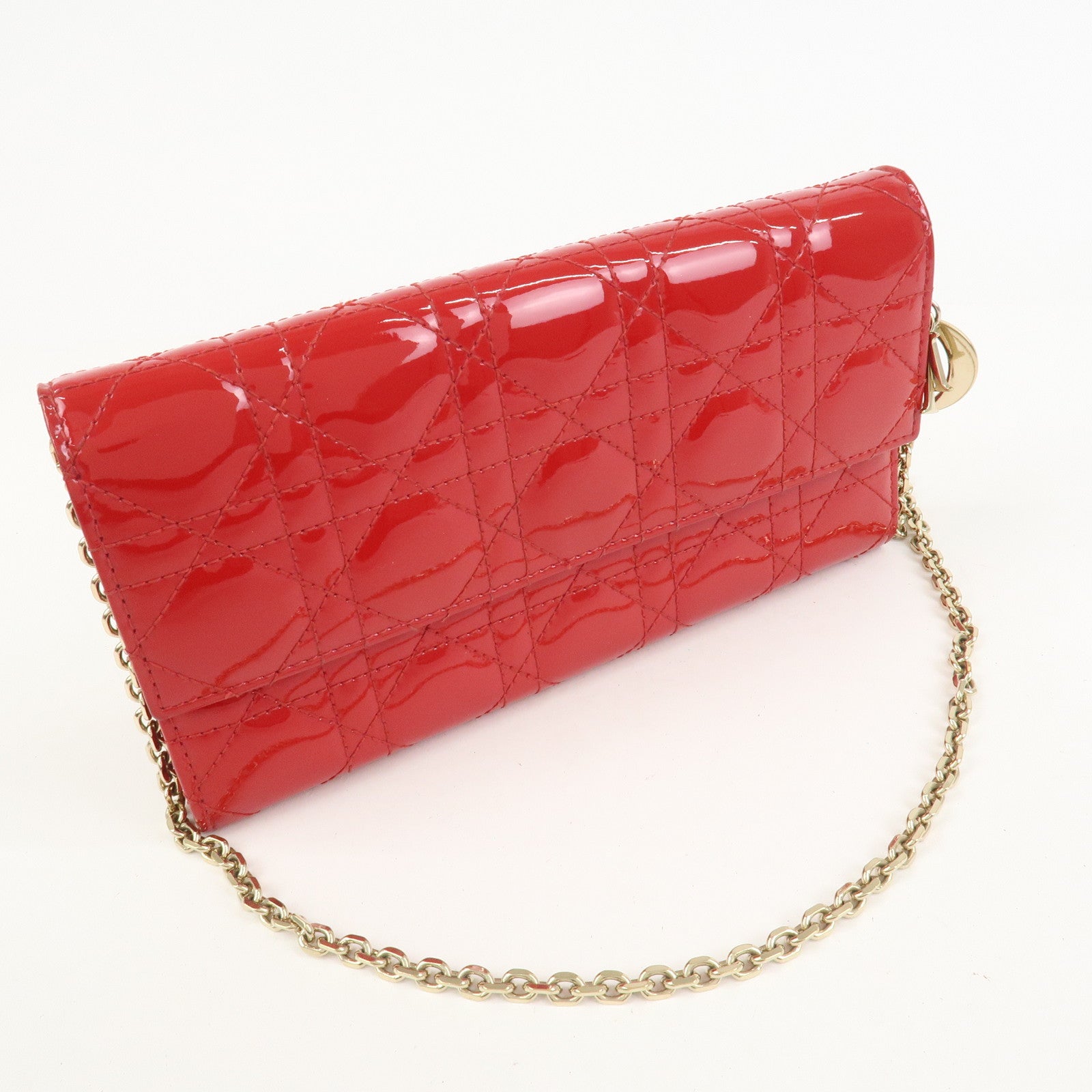Christian Dior Cannage Patent Leather Chain Long Wallet WOC Red