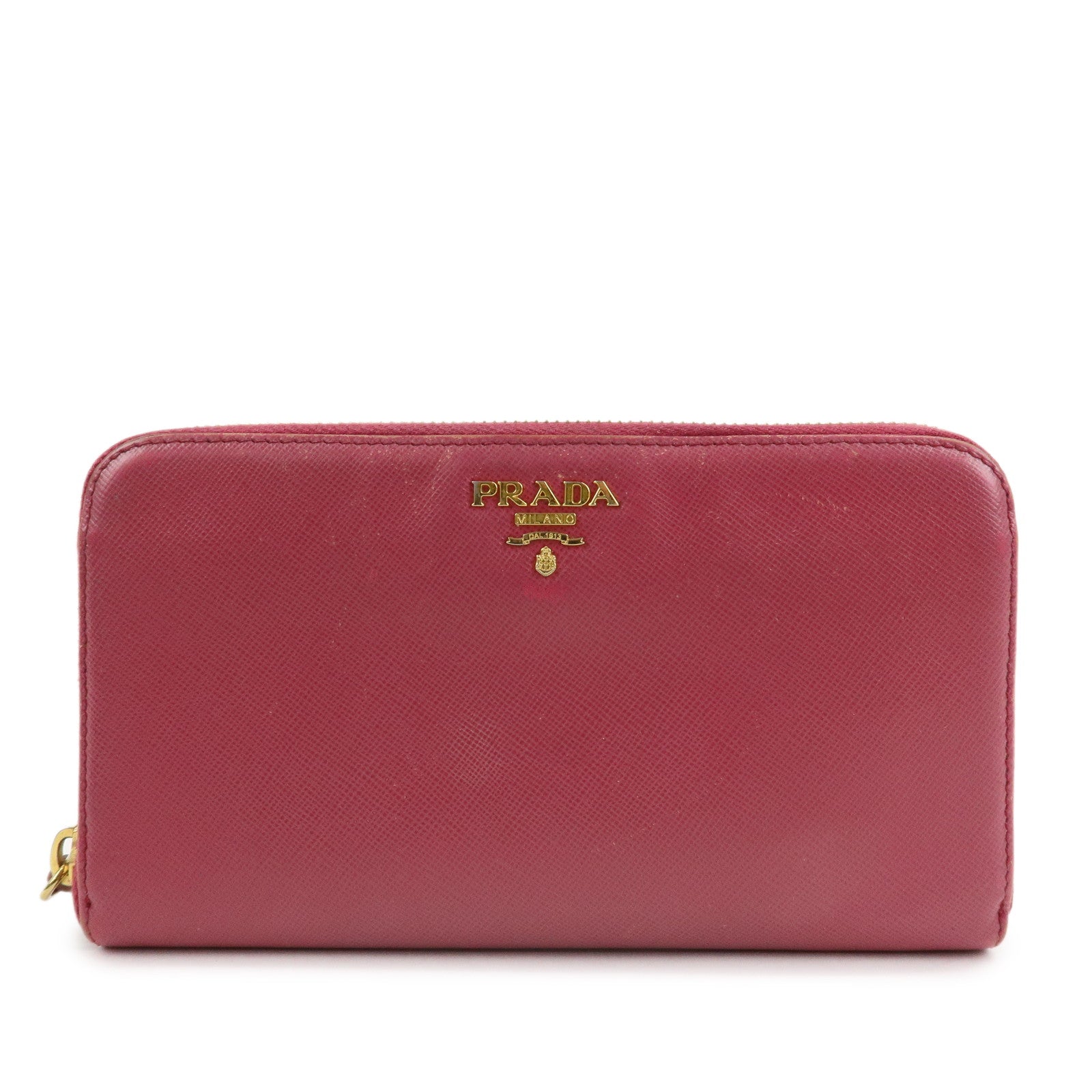 PRADA Logo Saffiano Leather Round Zippy Long Wallet Pink 1M0506 Used