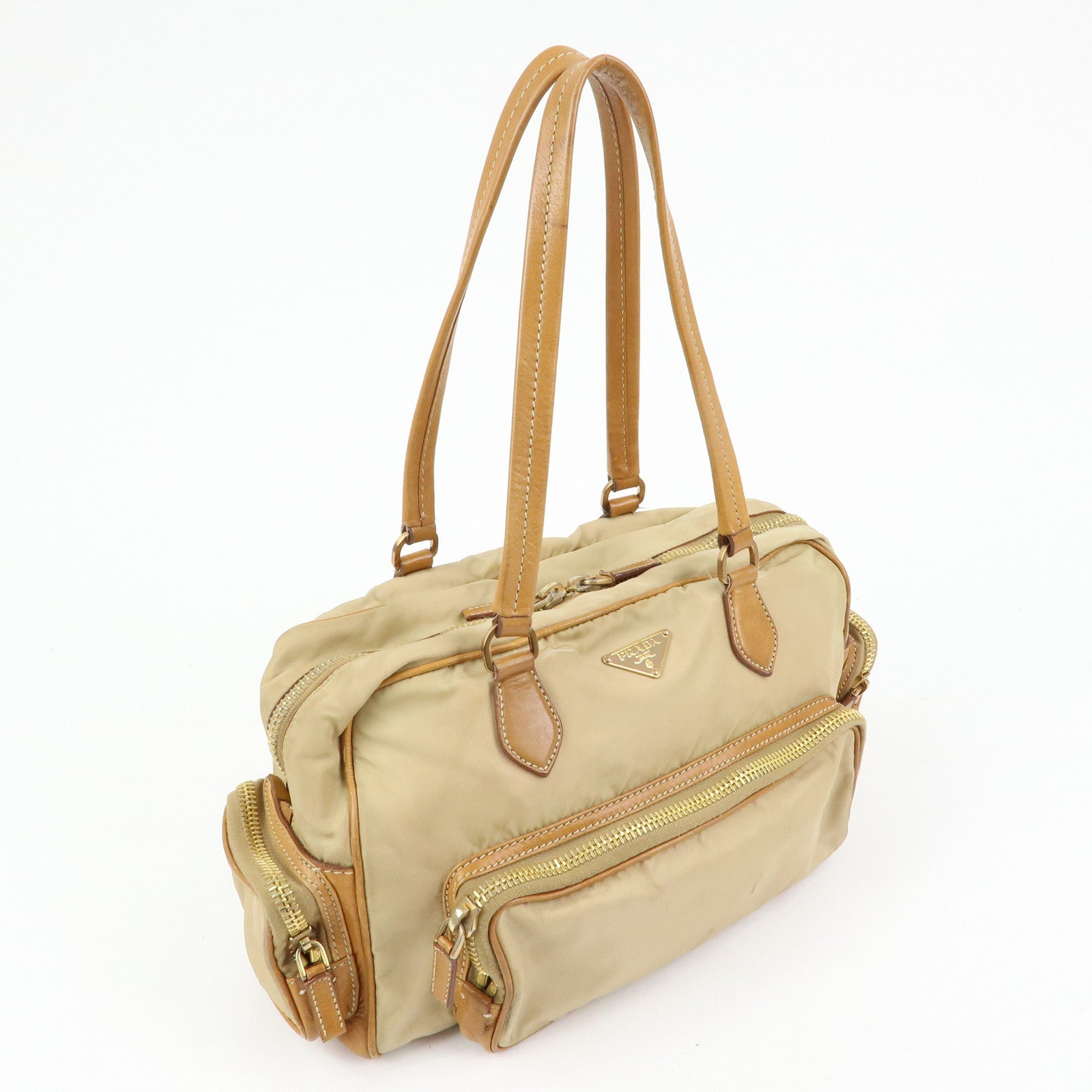 PRADA Triangle Logo Nylon Leather Shoulder Hand Bag Beige Brown