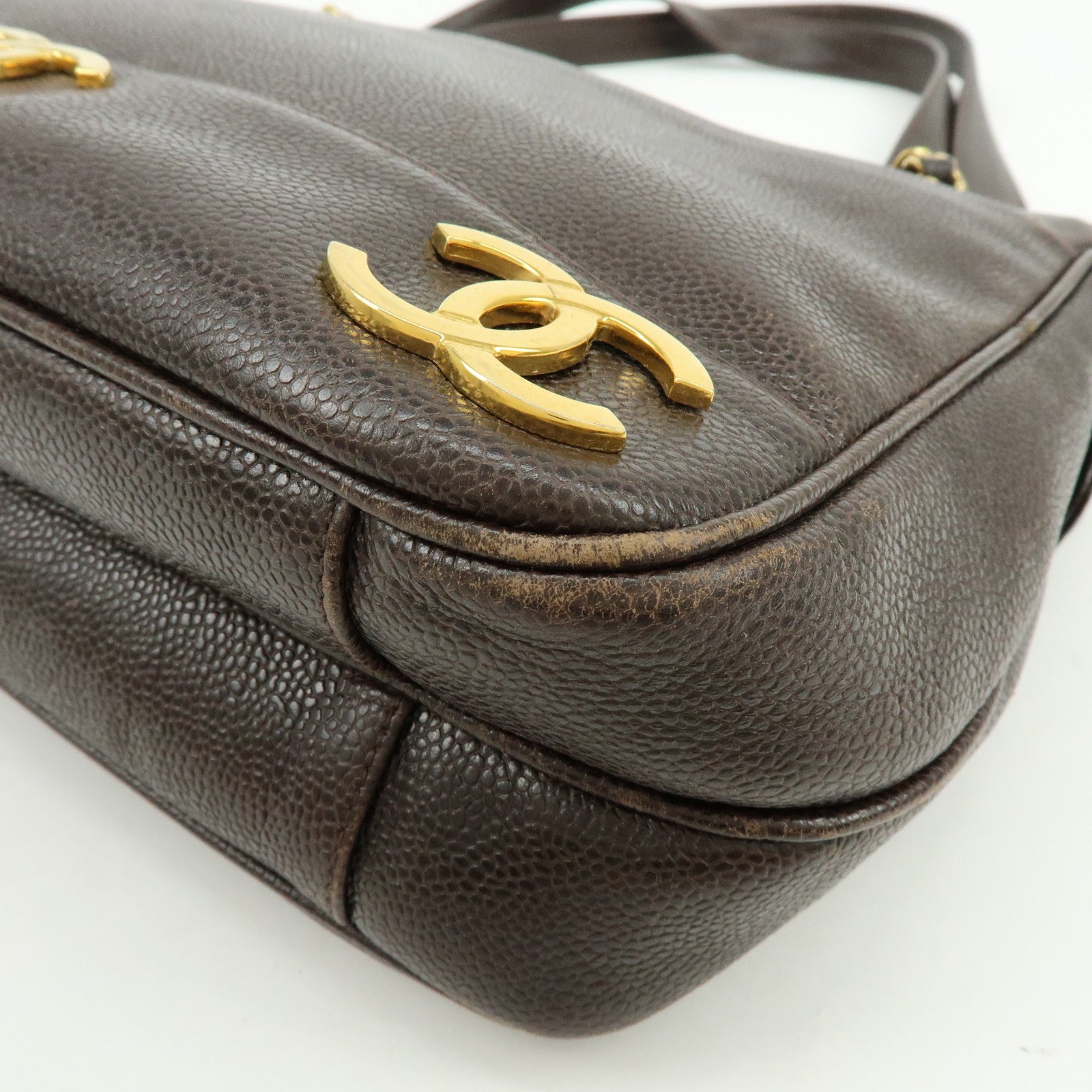 CHANEL Triple COCO Mark Caviarskin Chain Shoulder Bag Brown