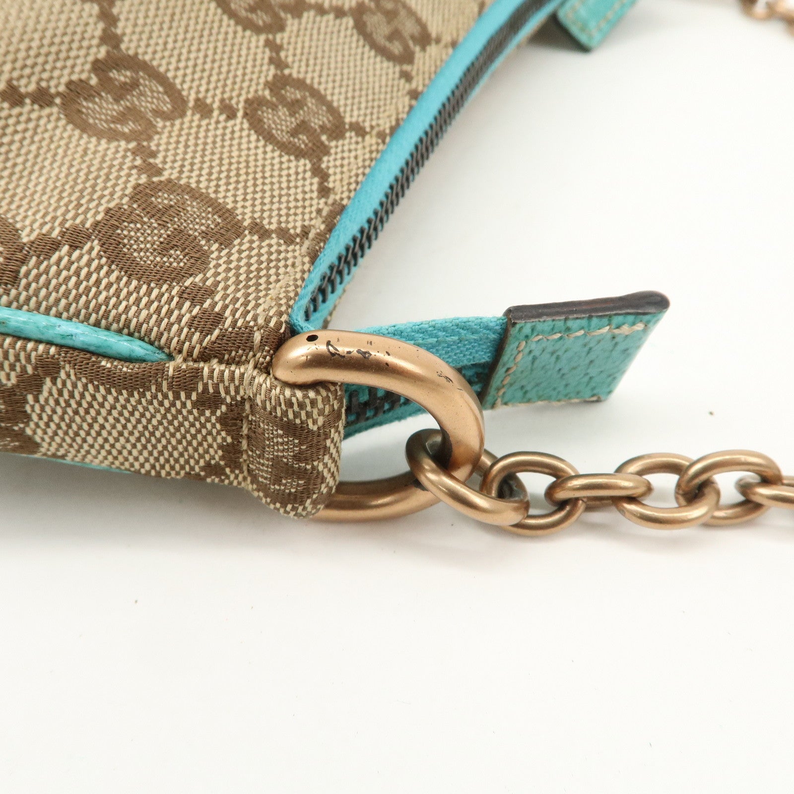 GUCCI GG Canvas Leather Chain Shoulder Bag Beige Turquoise Blue 120940 Used
