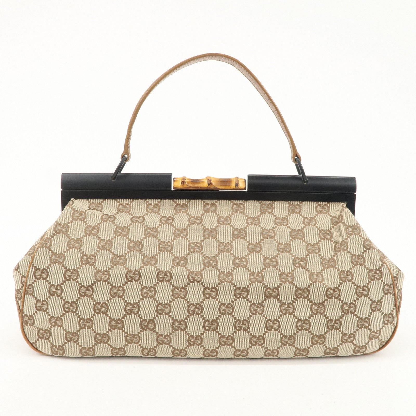 GUCCI Bamboo GG Canvas Leather Hand Bag Beige Brown 112366