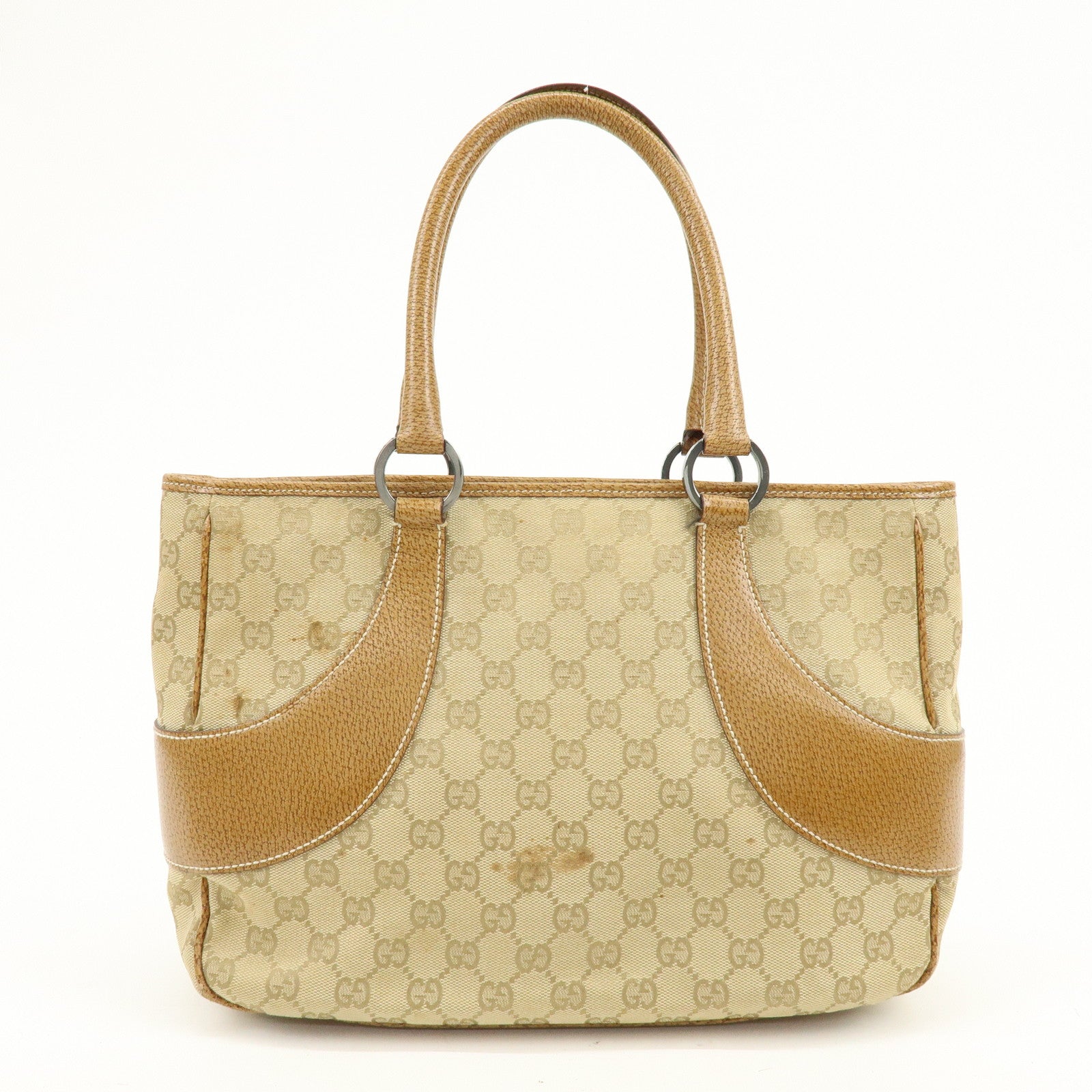 GUCCI GG Canvas Leather Tote Bag Hand Bag Beige Camel 113011