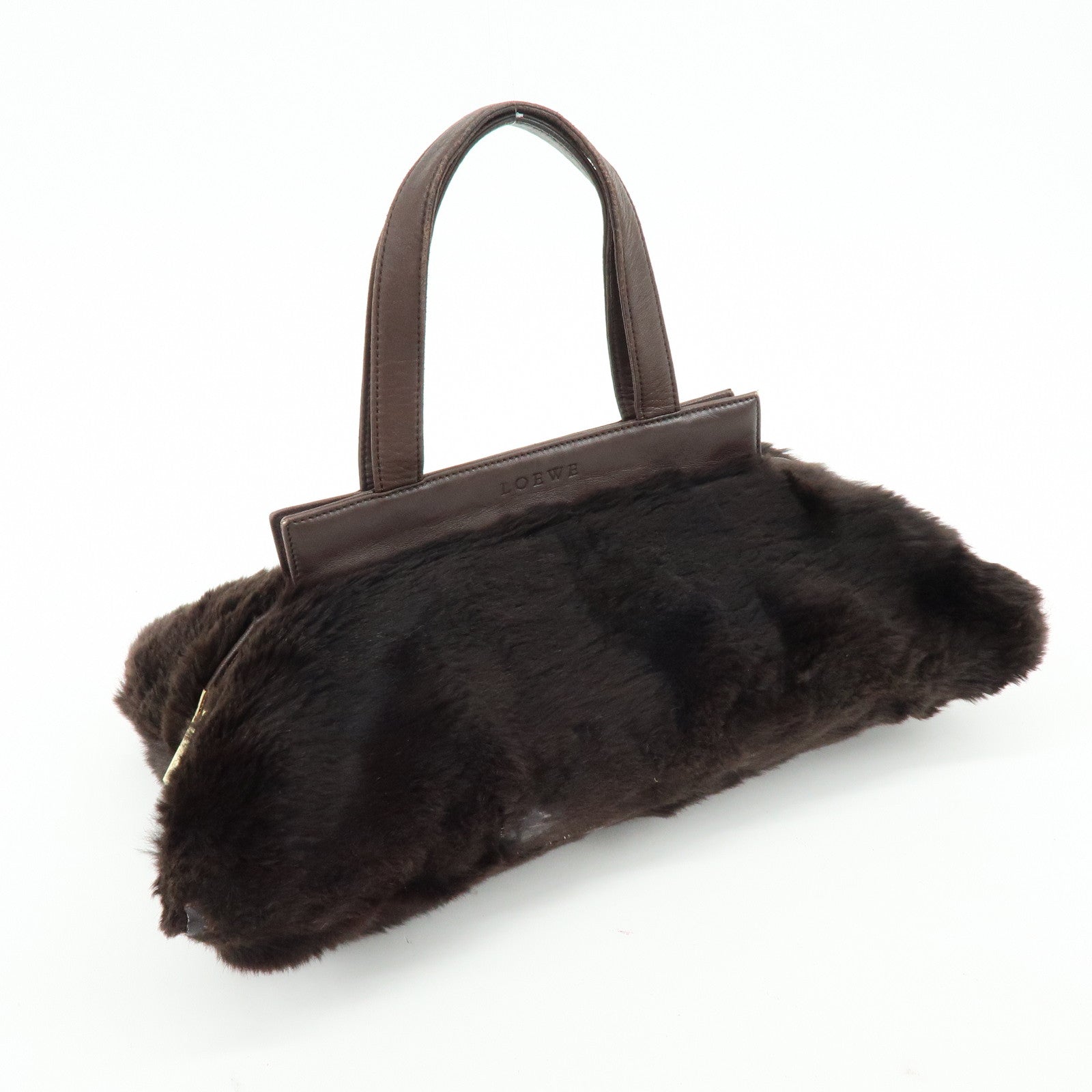 LOEWE Fur Nappa Leather Hand Bag Dark Brown