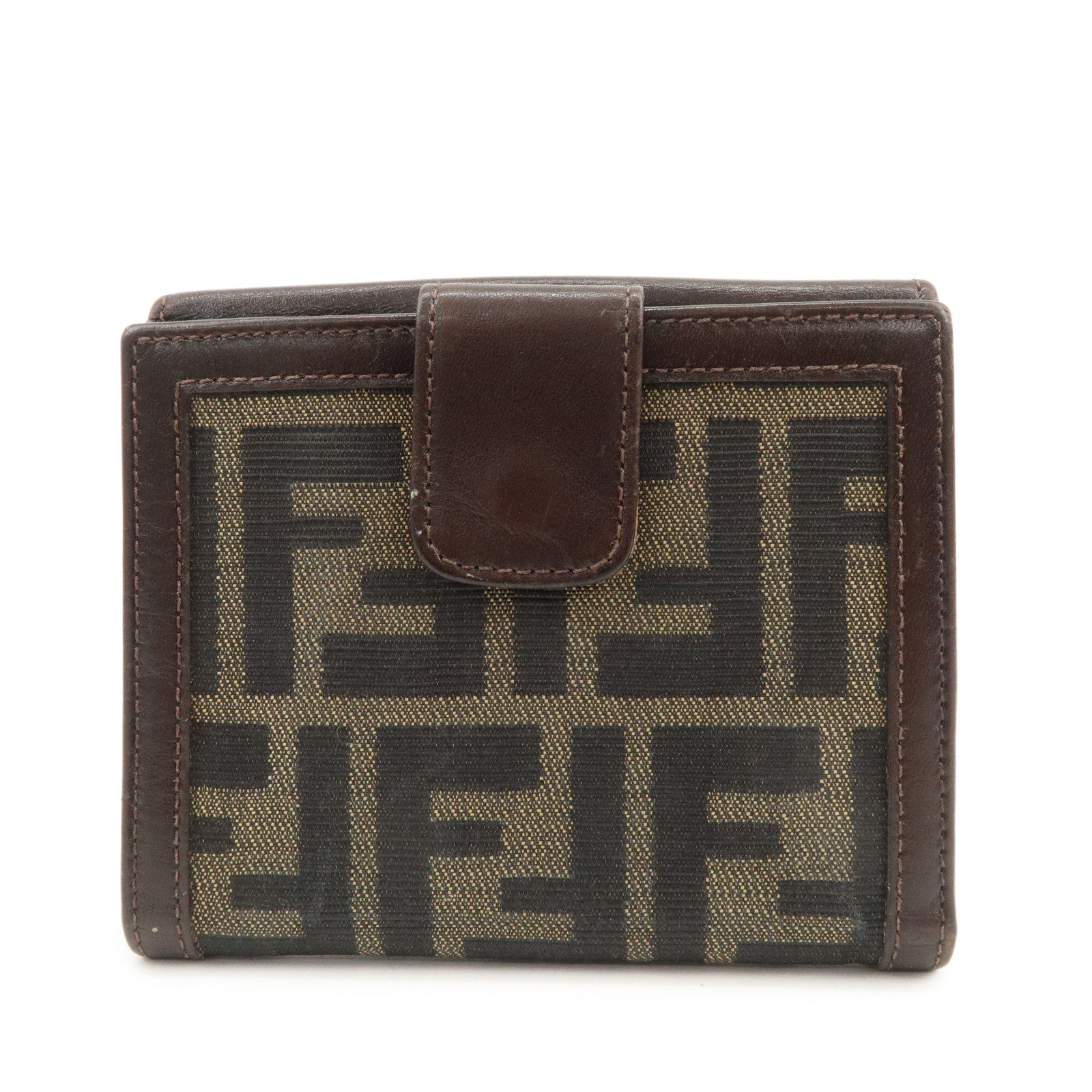 FENDI Zucca Logo Canvas Leather Compact Wallet Brown 12671