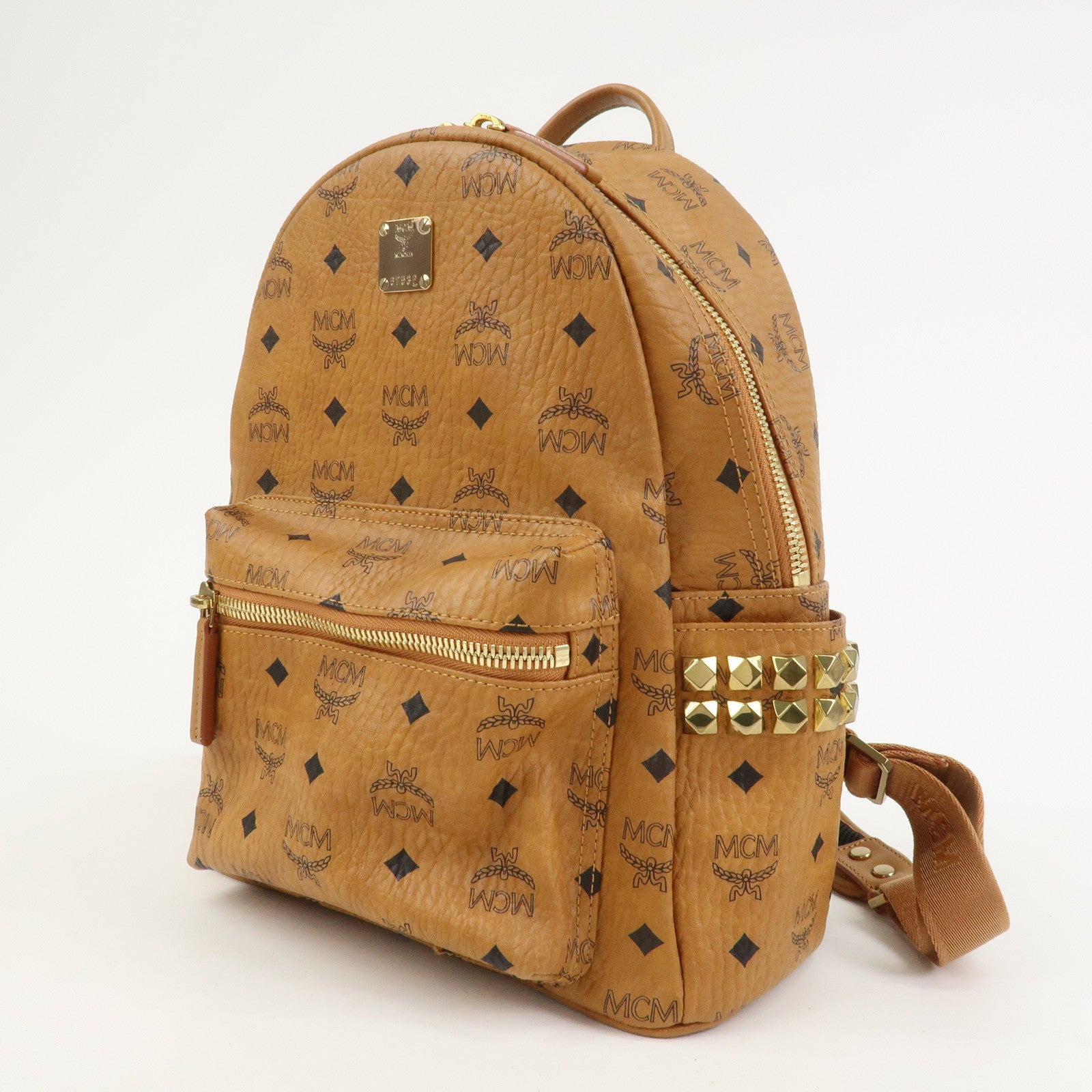 MCM Visetos PVC Leather Backpack Rucksack Studs Cognac