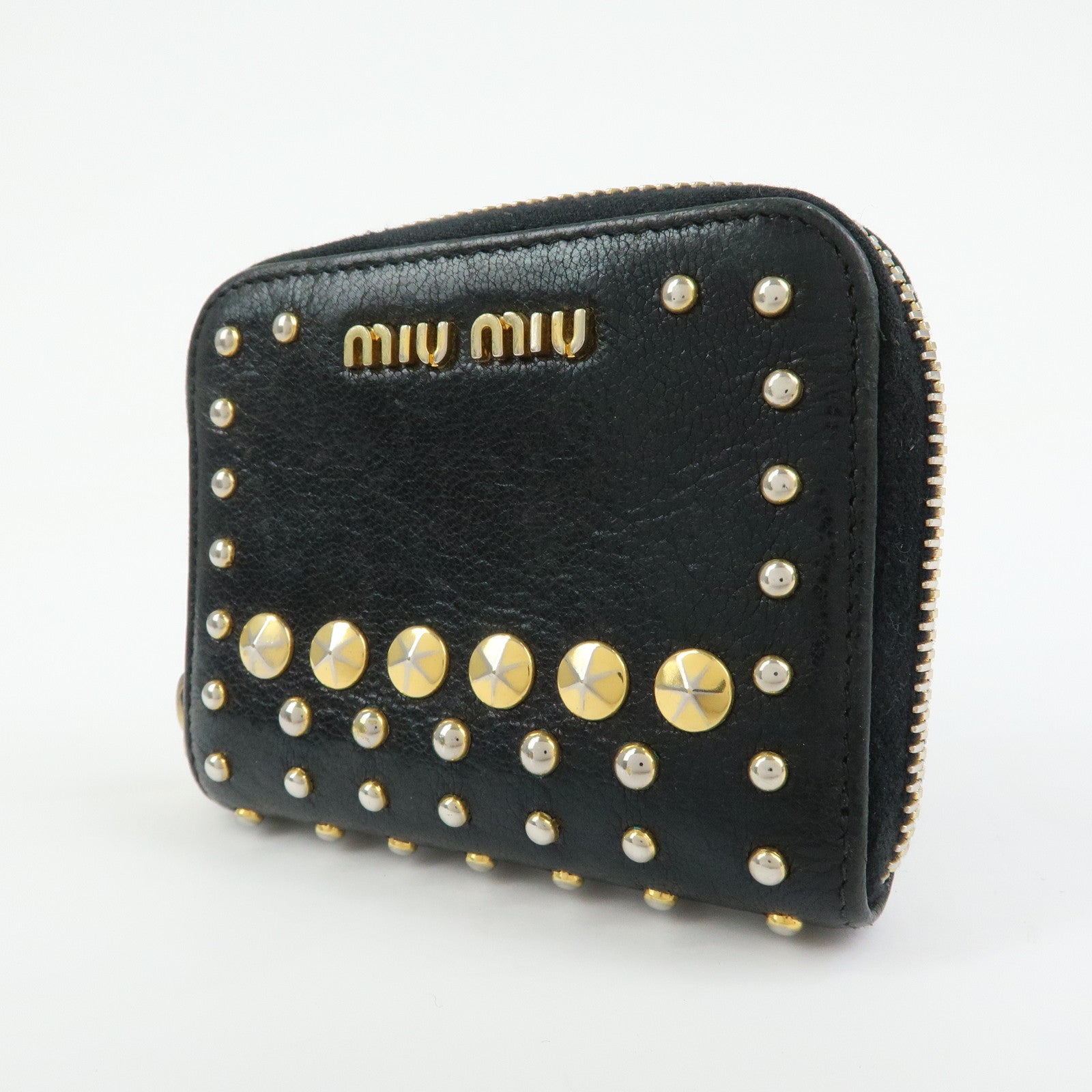MIU MIU Madras Leather Studs Compact Coin Case Wallet Black