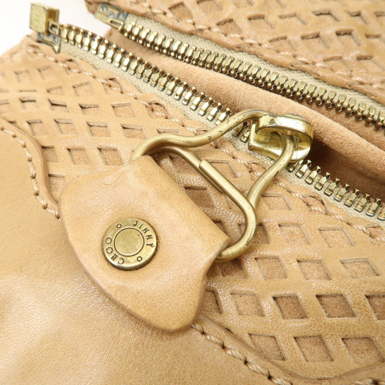 JIMMY CHOO Leather Shoulder Bag Hand Bag Beige Gold Hardware