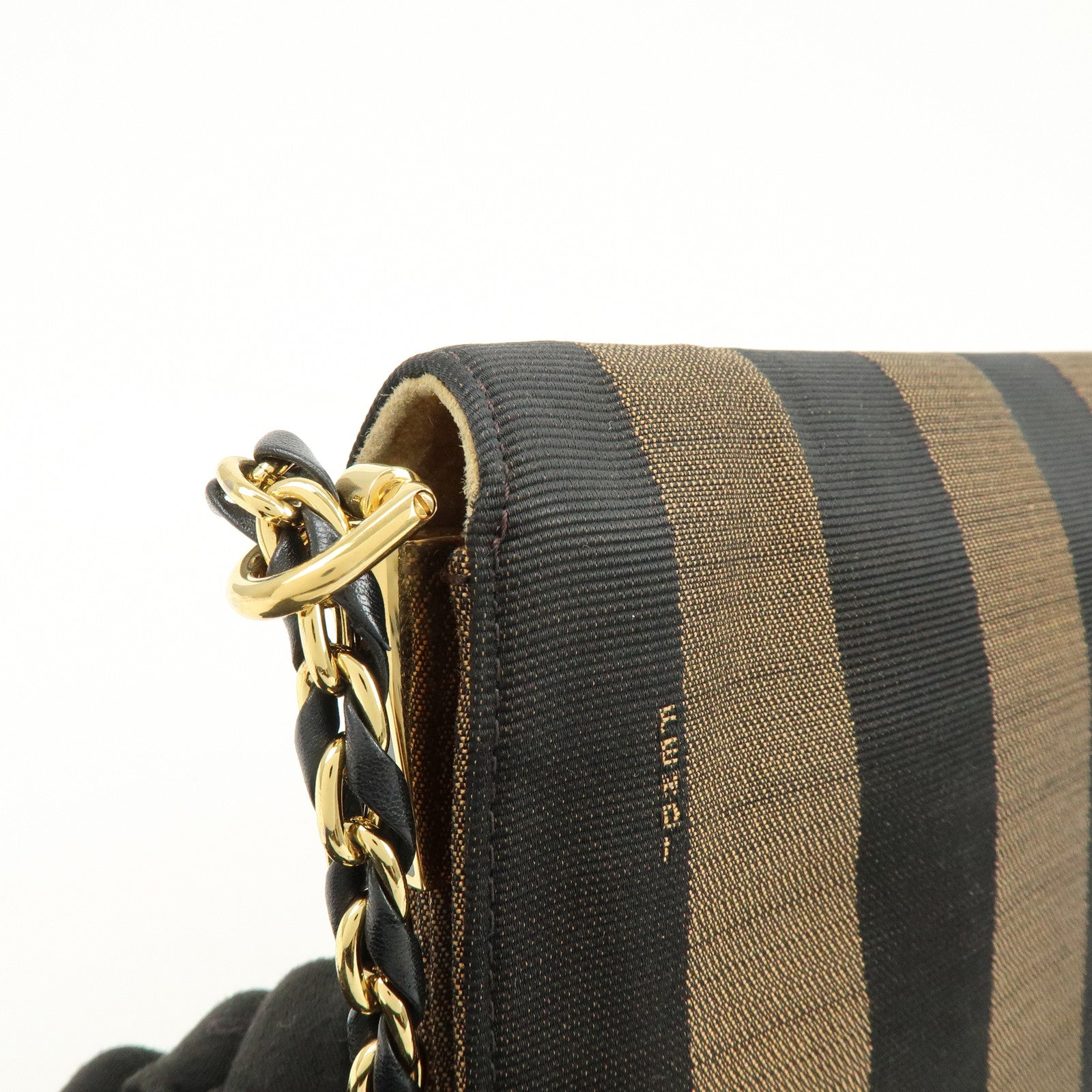 FENDI Pequin Canvas Leather Shoulder Bag Brown Black 8BT204