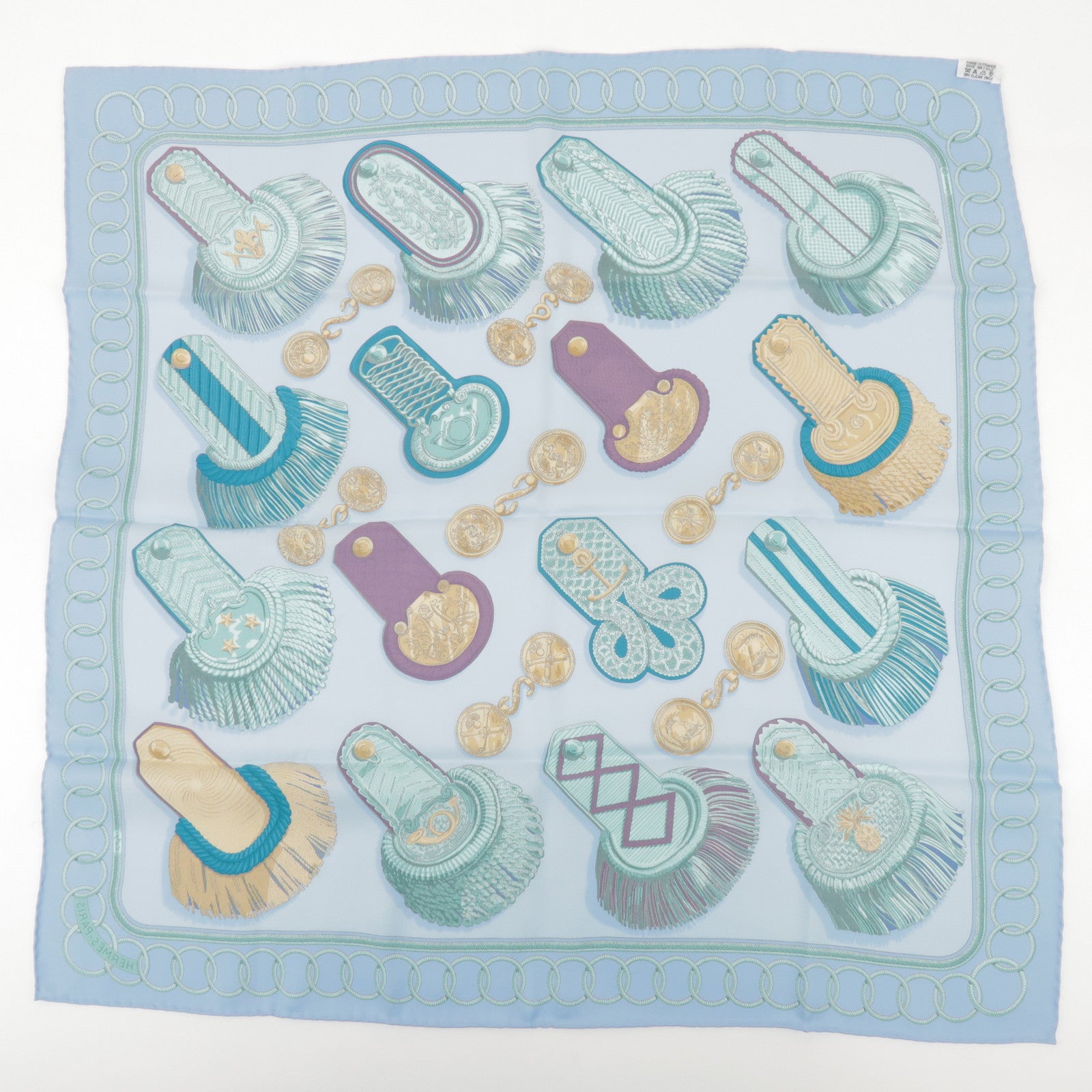 HERMES Carre 70 Silk 100% Scarf Epaulette Light Blue Light Green