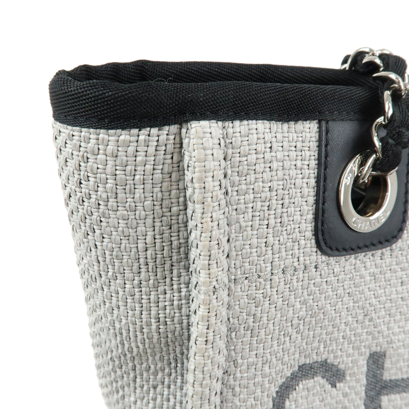 CHANEL Deauville PM Raffia Calf Leather Chain Tote Bag Black A66939