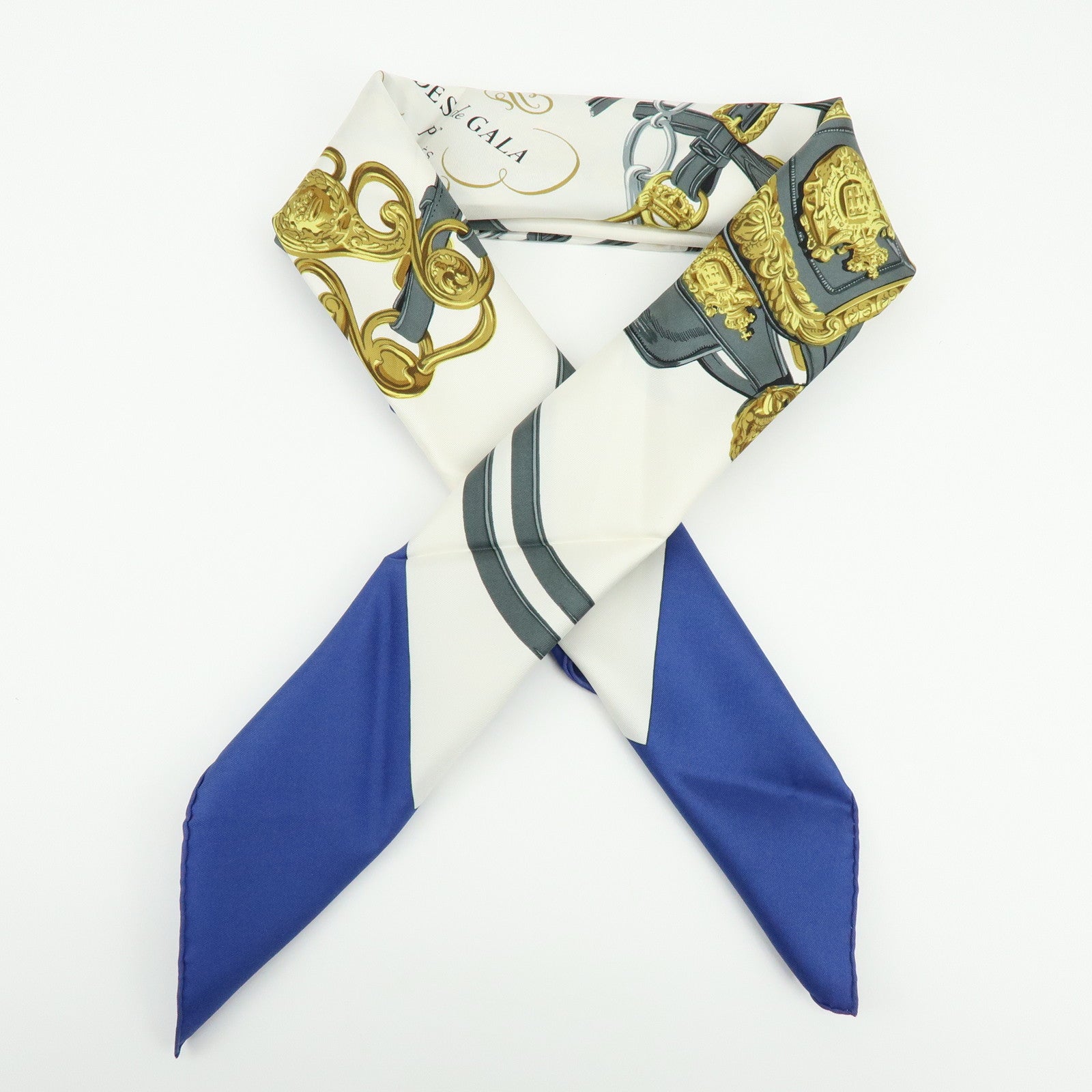 HERMES Carre 90 Silk 100% Scarf BRIDES DE GALA Navy Gray Gold