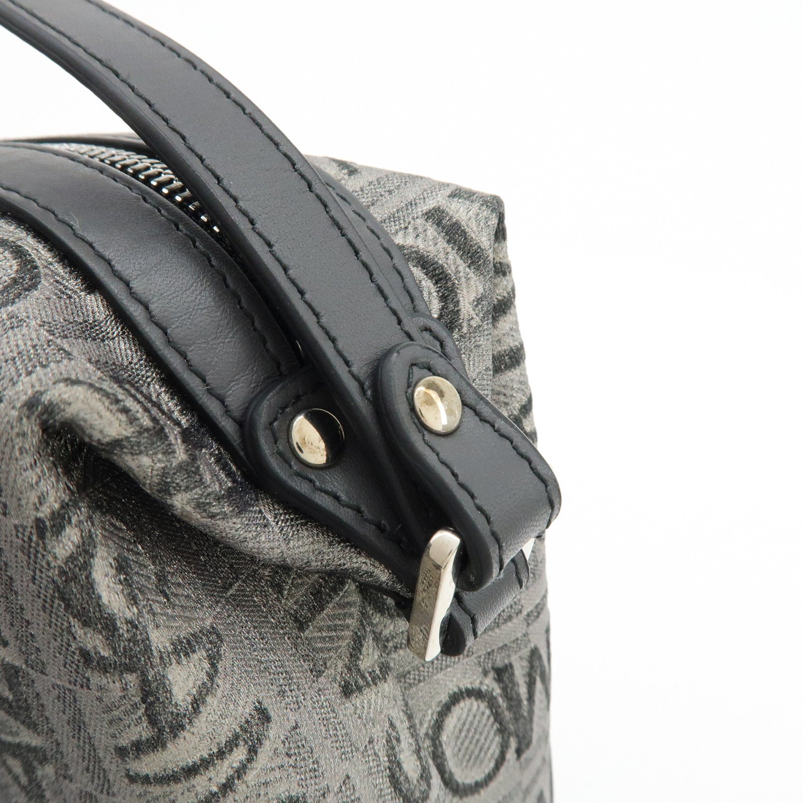 Ferragamo Gancini Logo Canvas Leather Hand Bag Pouch Silver Black
