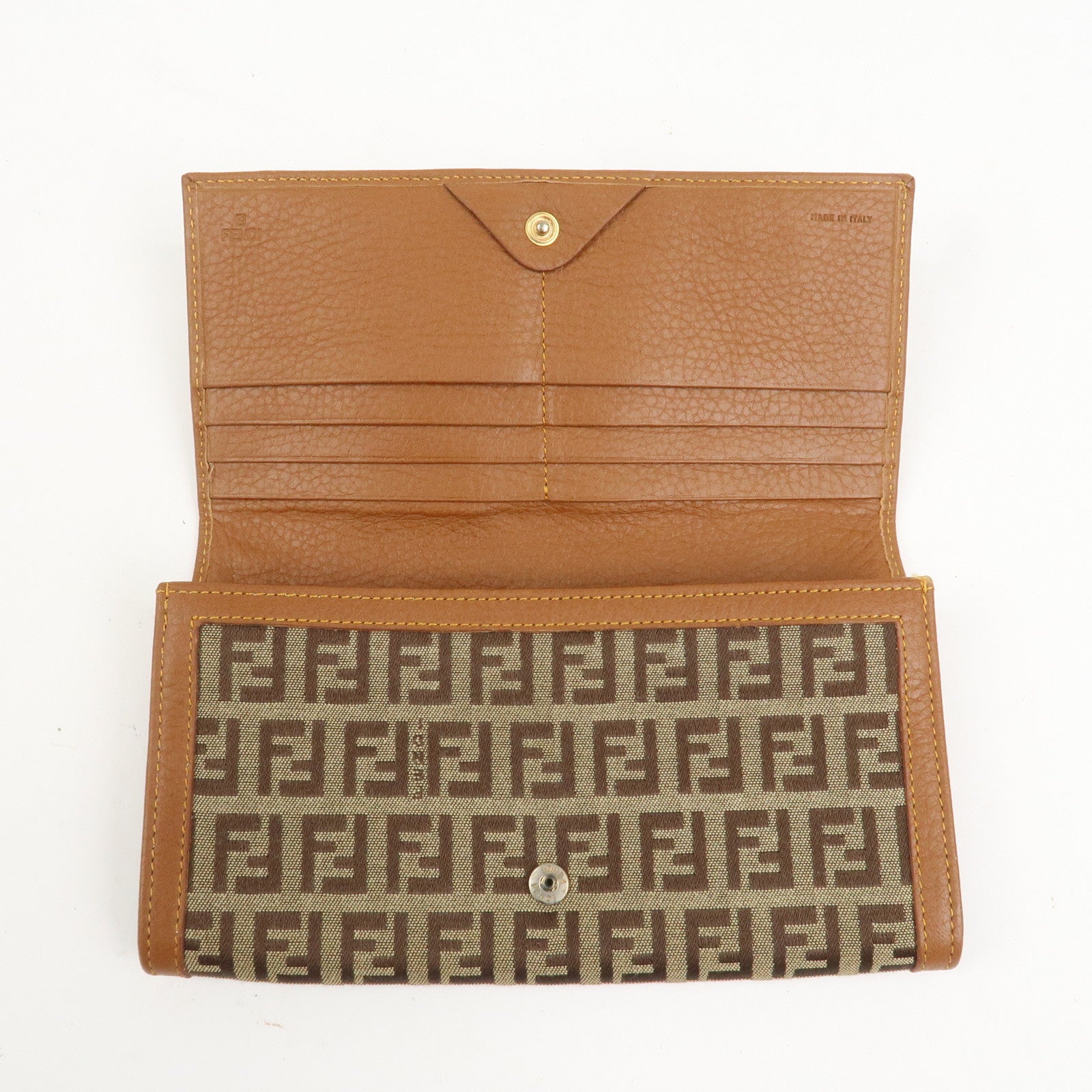 FENDI Zucchino Canvas Leather Bi-fold Long Wallet Brown 8M0000