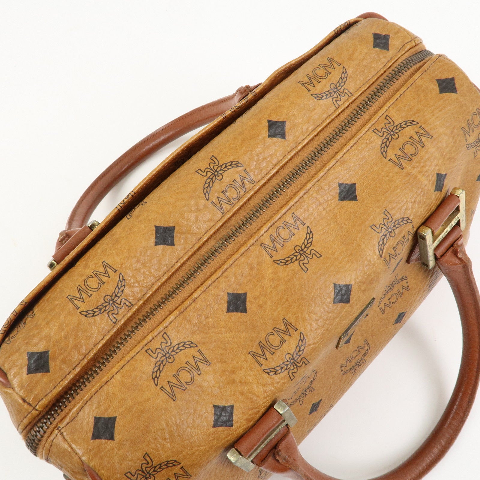 MCM Visetos Leather Boston Bag Hand Bag Brown