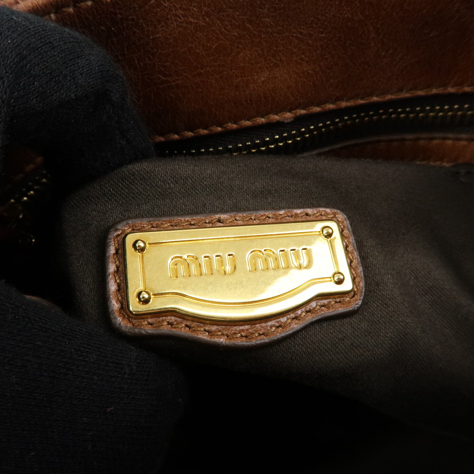 MIU MIU Leather 2Way Bag Hand Bag Shoulder Bag Side Ribbon Brown