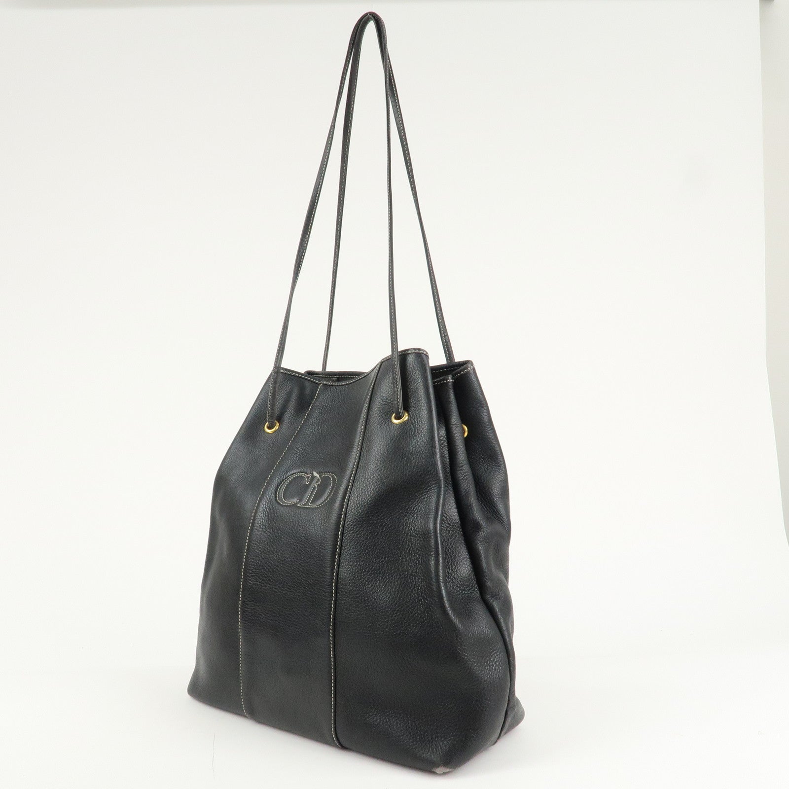 Christian Dior Leather CD Logo Drawstring Shoulder Bag Black Used