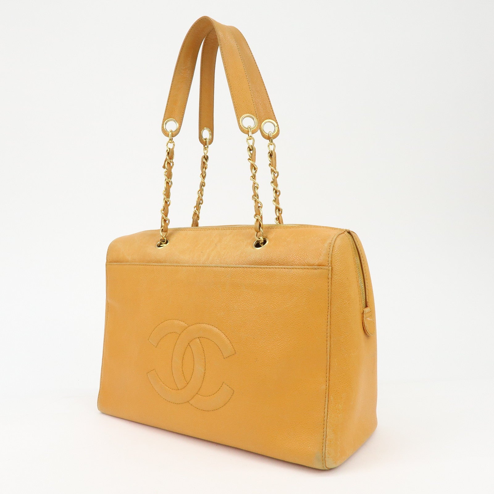 CHANEL COCO Mark Caviarskin Chain Shoulder Bag Boston Bag Yellow